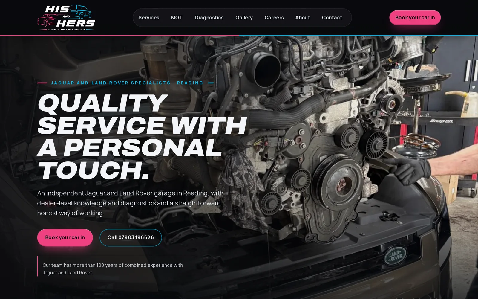 The His and Hers Motors home page: a Land Rover engine bay under the headline Quality service with a personal touch.