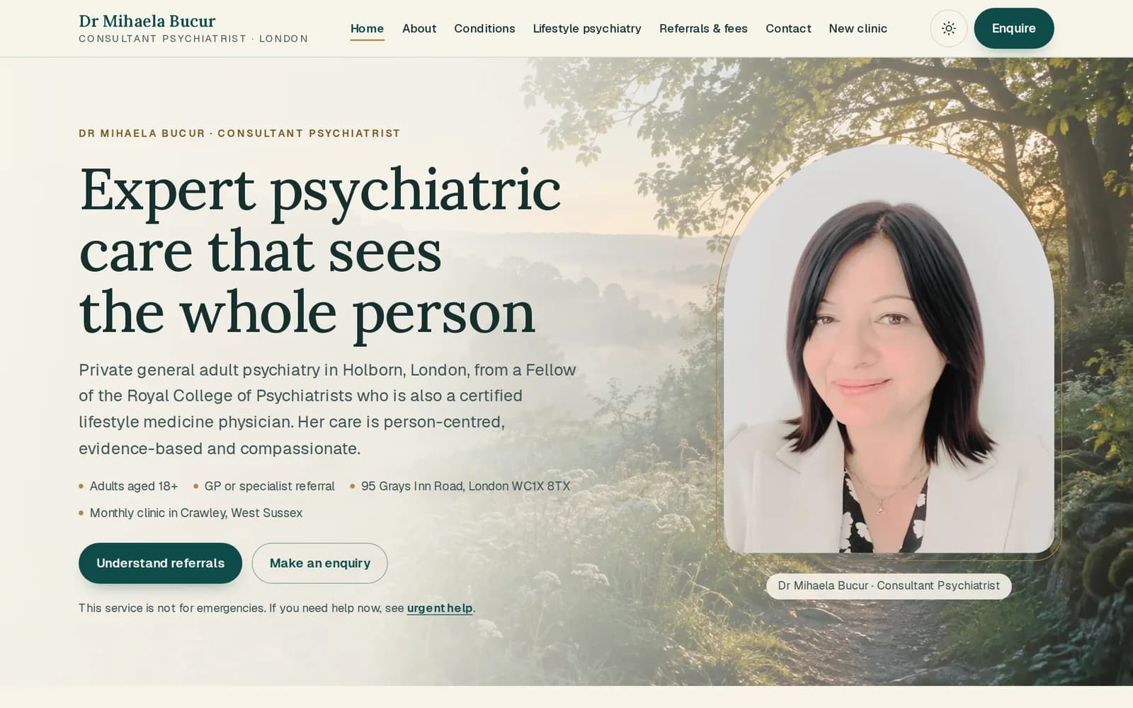 The Lifestyle Psychiatrist home page: Dr Mihaela Bucur's portrait beside the headline about care that sees the whole person.