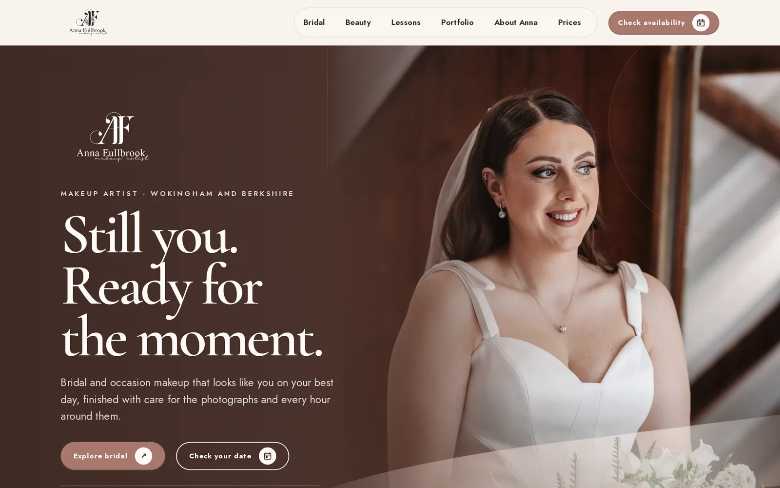 The Anna Fullbrook home page: a bride in soft light beside the headline Still you. Ready for the moment.