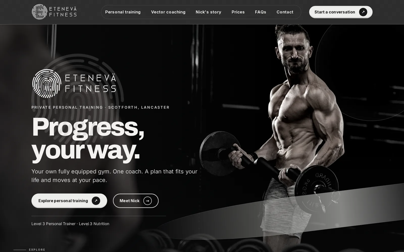 The Etenevä Fitness home page: Nick training with a barbell in black and white under the headline Progress, your way.