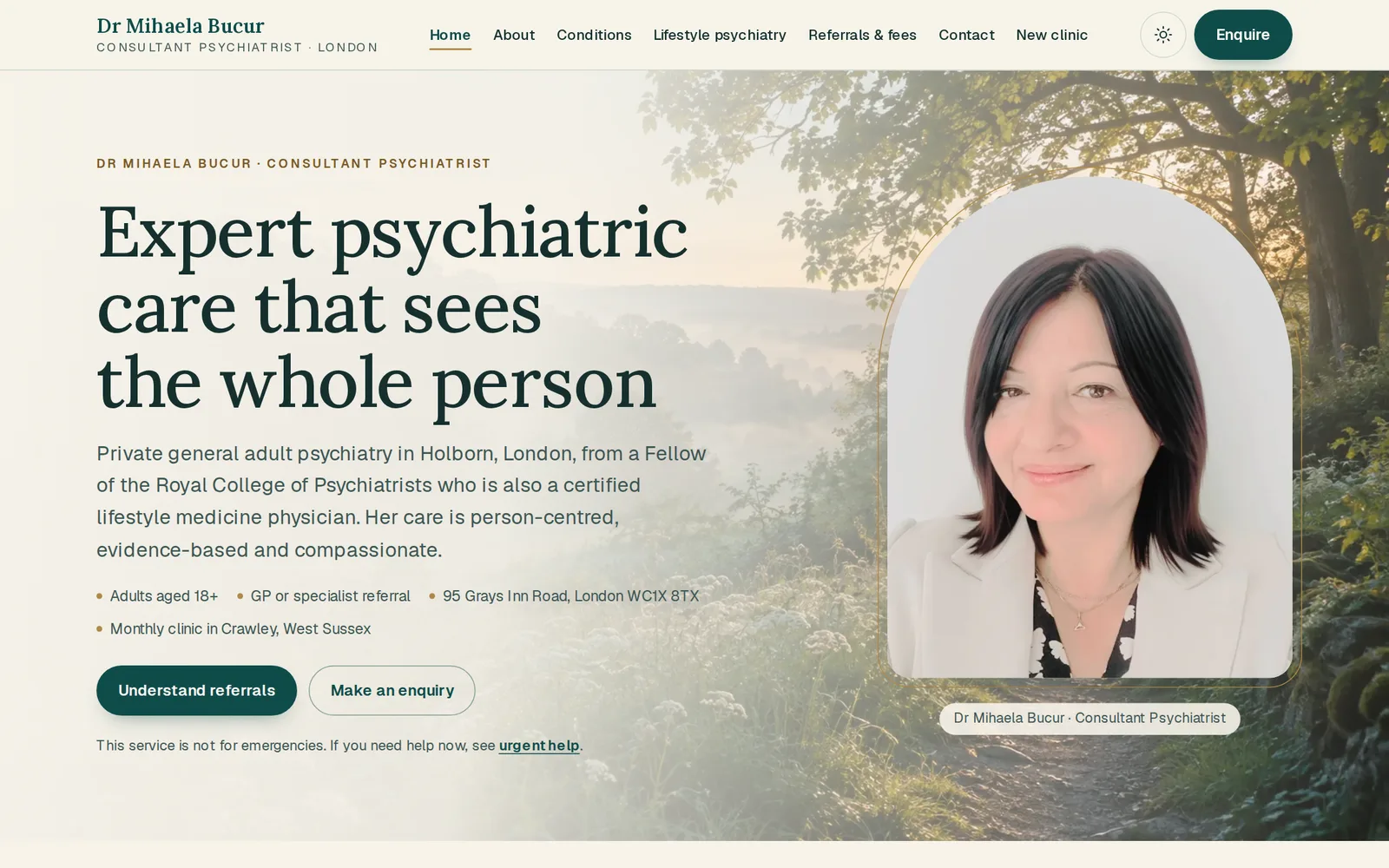 The Lifestyle Psychiatrist home page: Dr Mihaela Bucur's portrait beside the headline about care that sees the whole person.