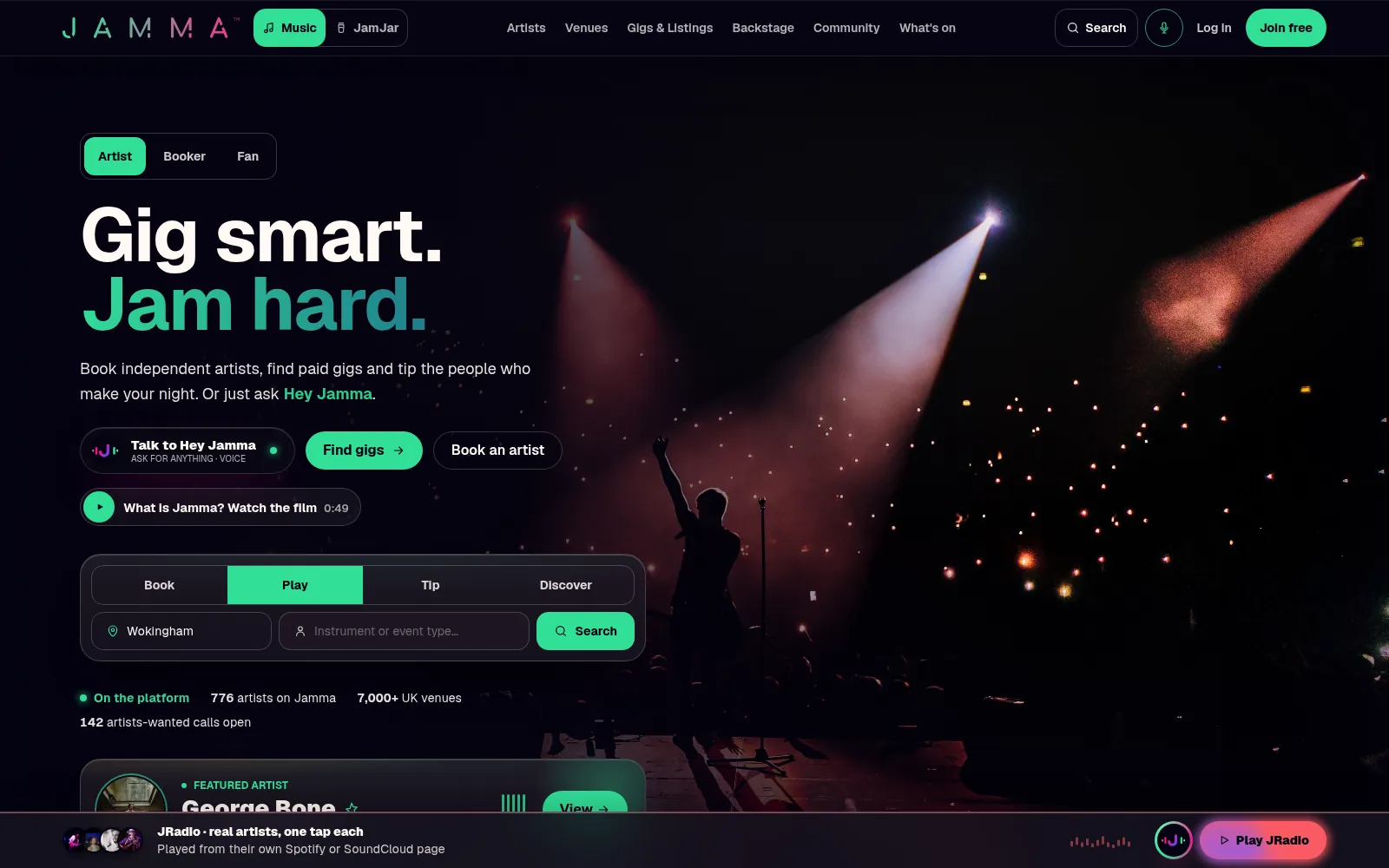 The Jamma Music public beta home page in dark mode: the headline Gig smart. Jam hard. over stage lights and a crowd.