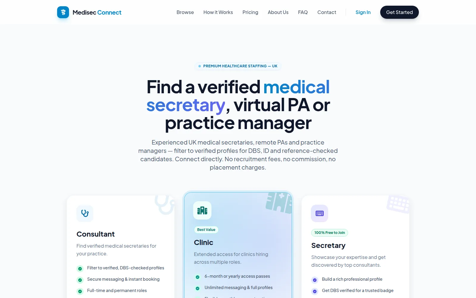 The MediSec Connect home page: the headline Find a verified medical secretary, virtual PA or practice manager above cards for consultants, clinics and secretaries.