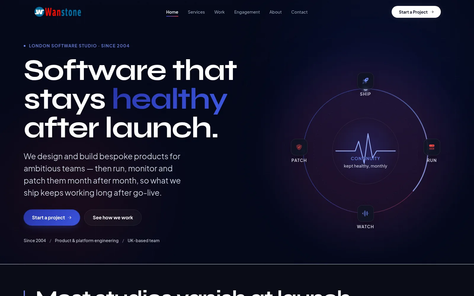 The Wanstone home page with its headline Software that stays healthy after launch.