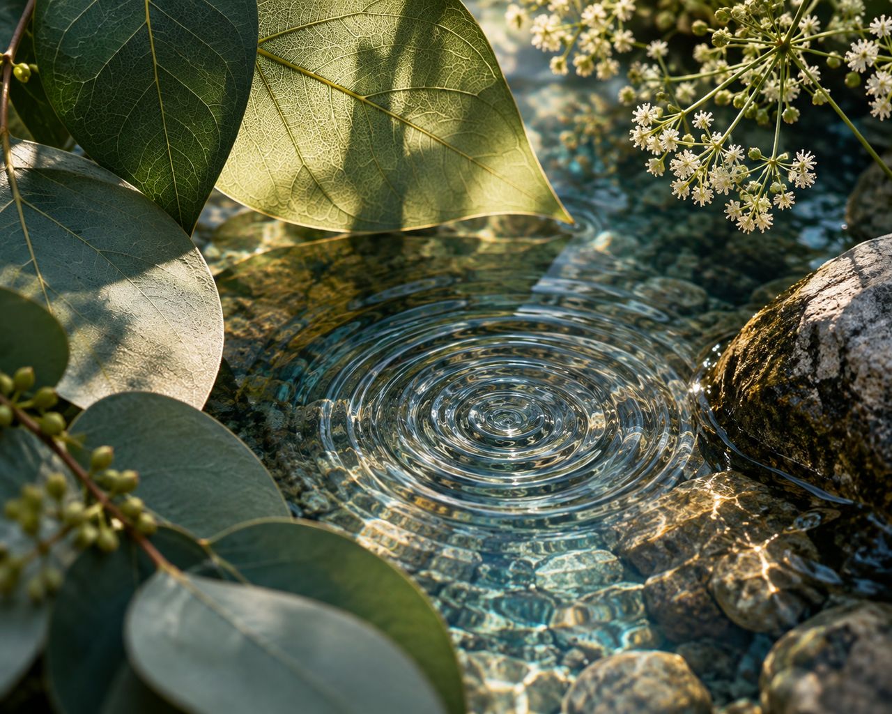 Ripples spreading across a clear stream beside eucalyptus leaves and small white flowers.