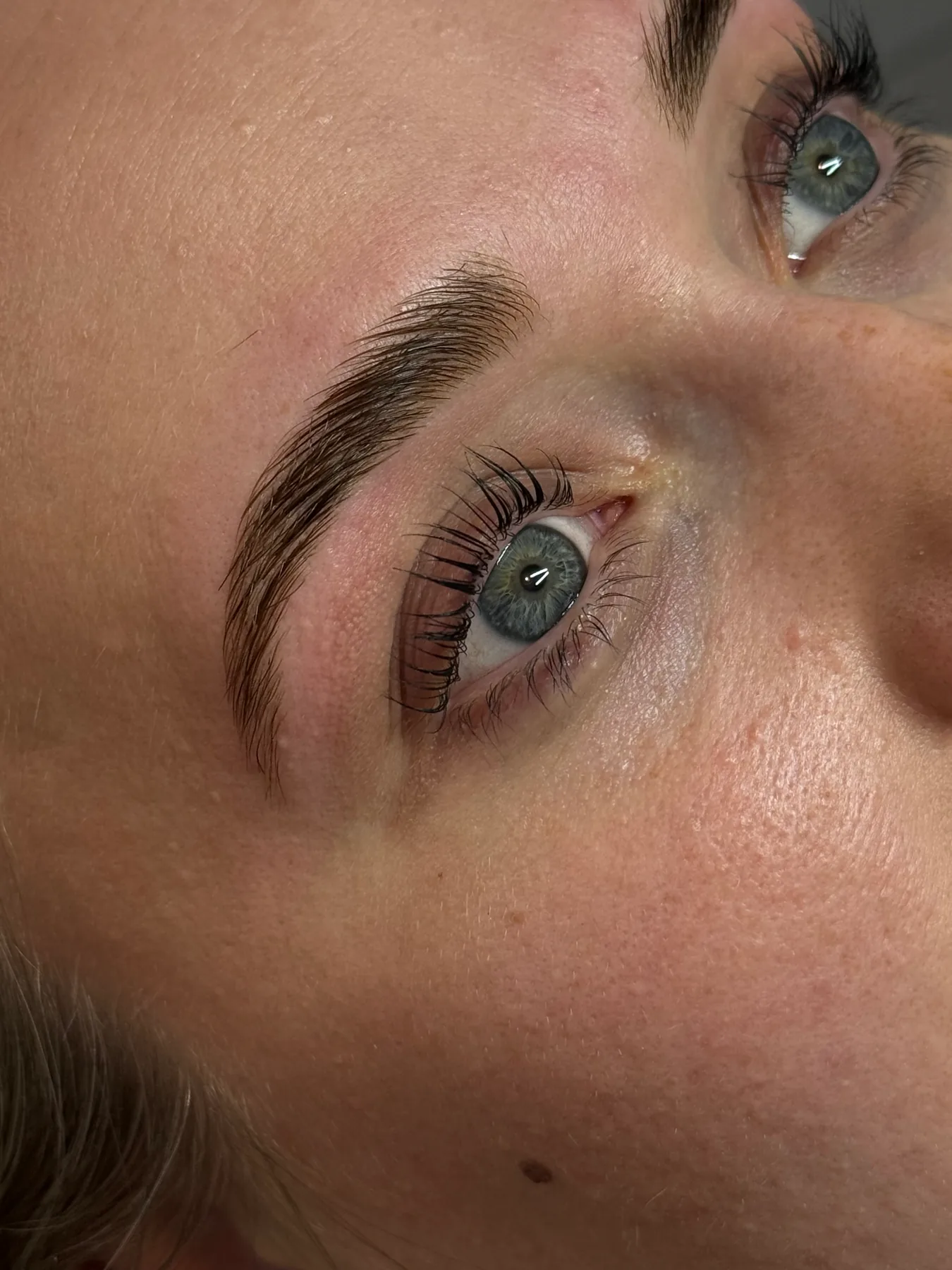 Close detail of shaped brows and lifted lashes