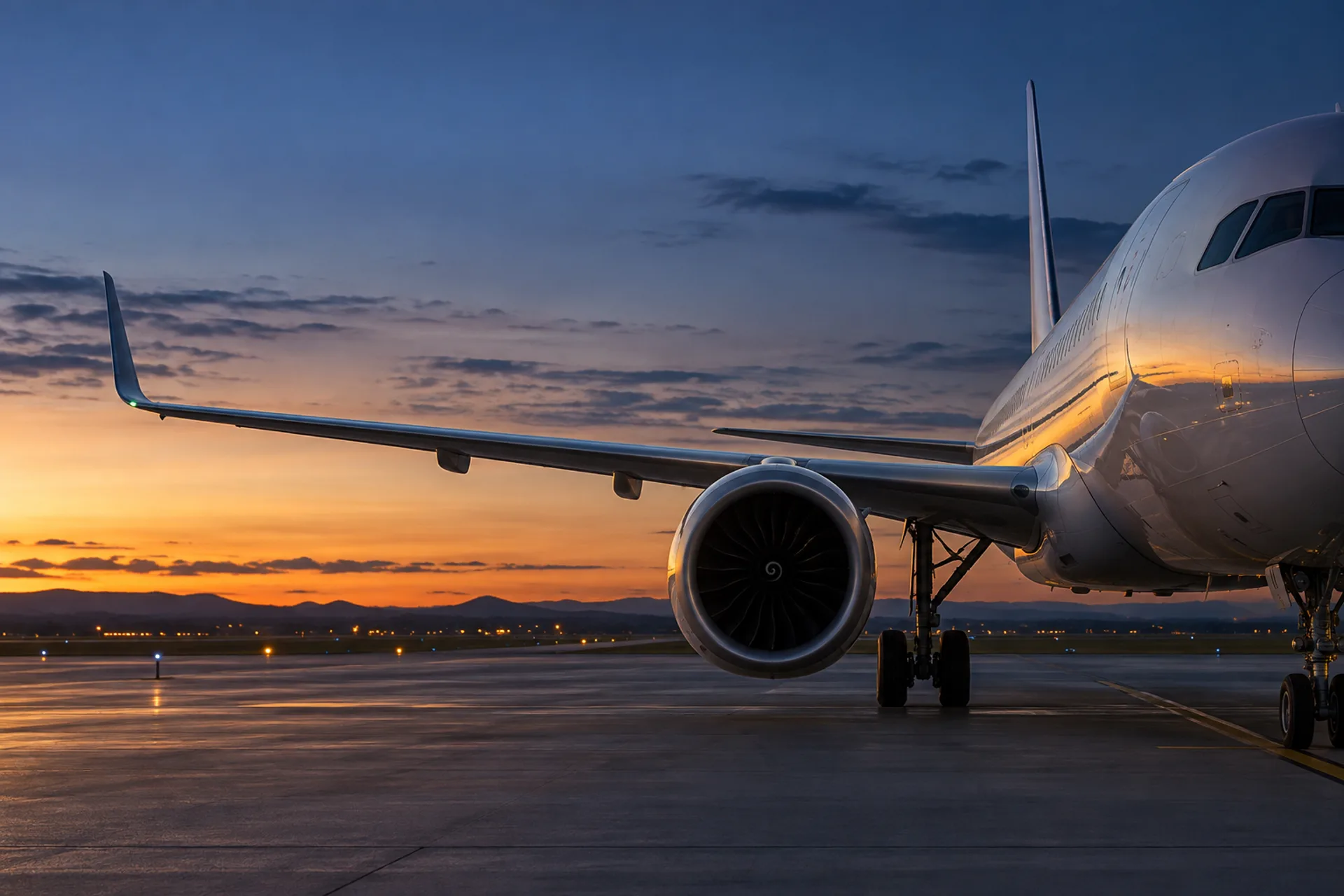 An unbranded passenger aircraft on a quiet airport apron at blue hour