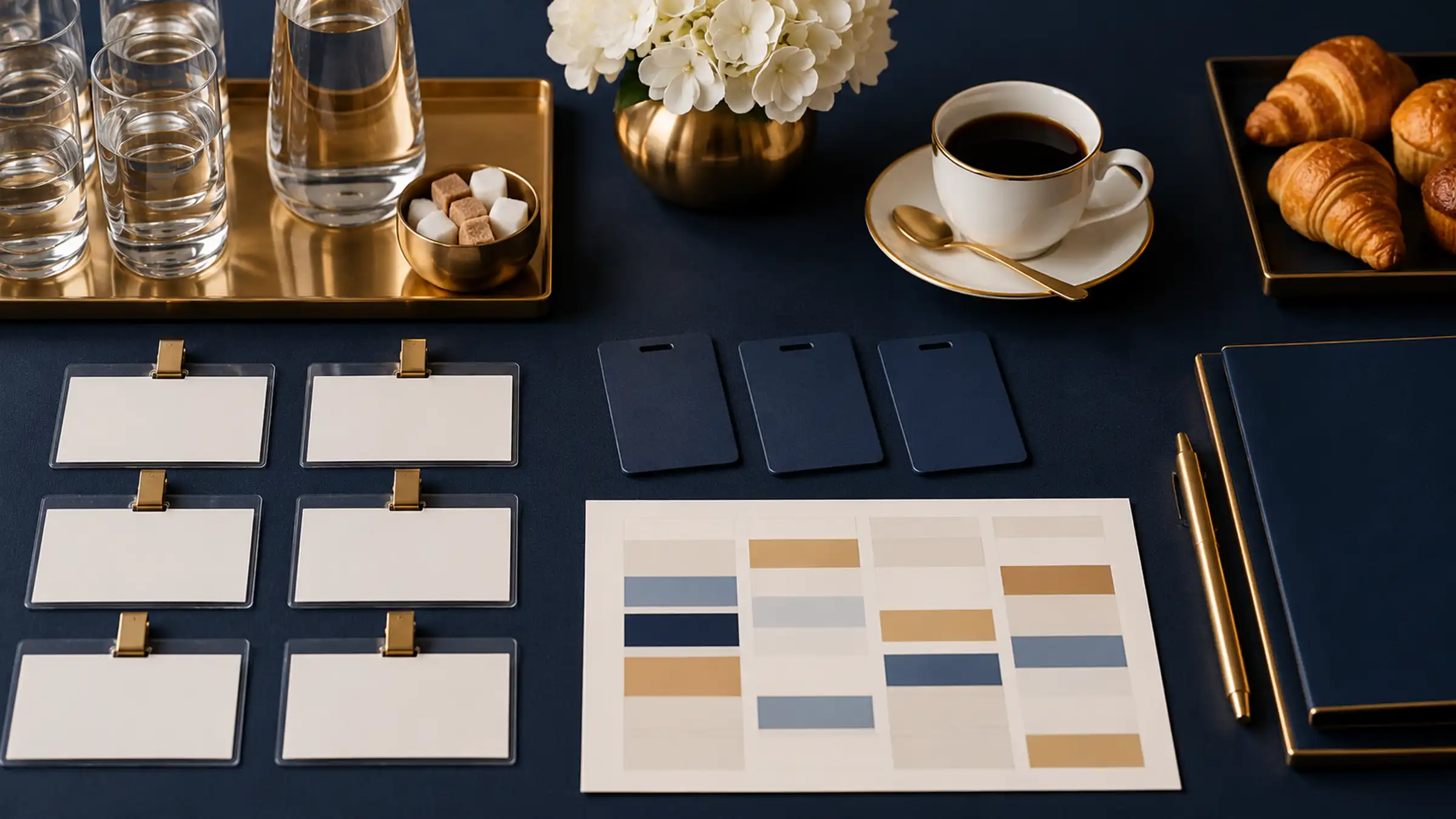 Navy key cards, a fabric swatch board, coffee and a croissant laid out on the hotel's reception desk