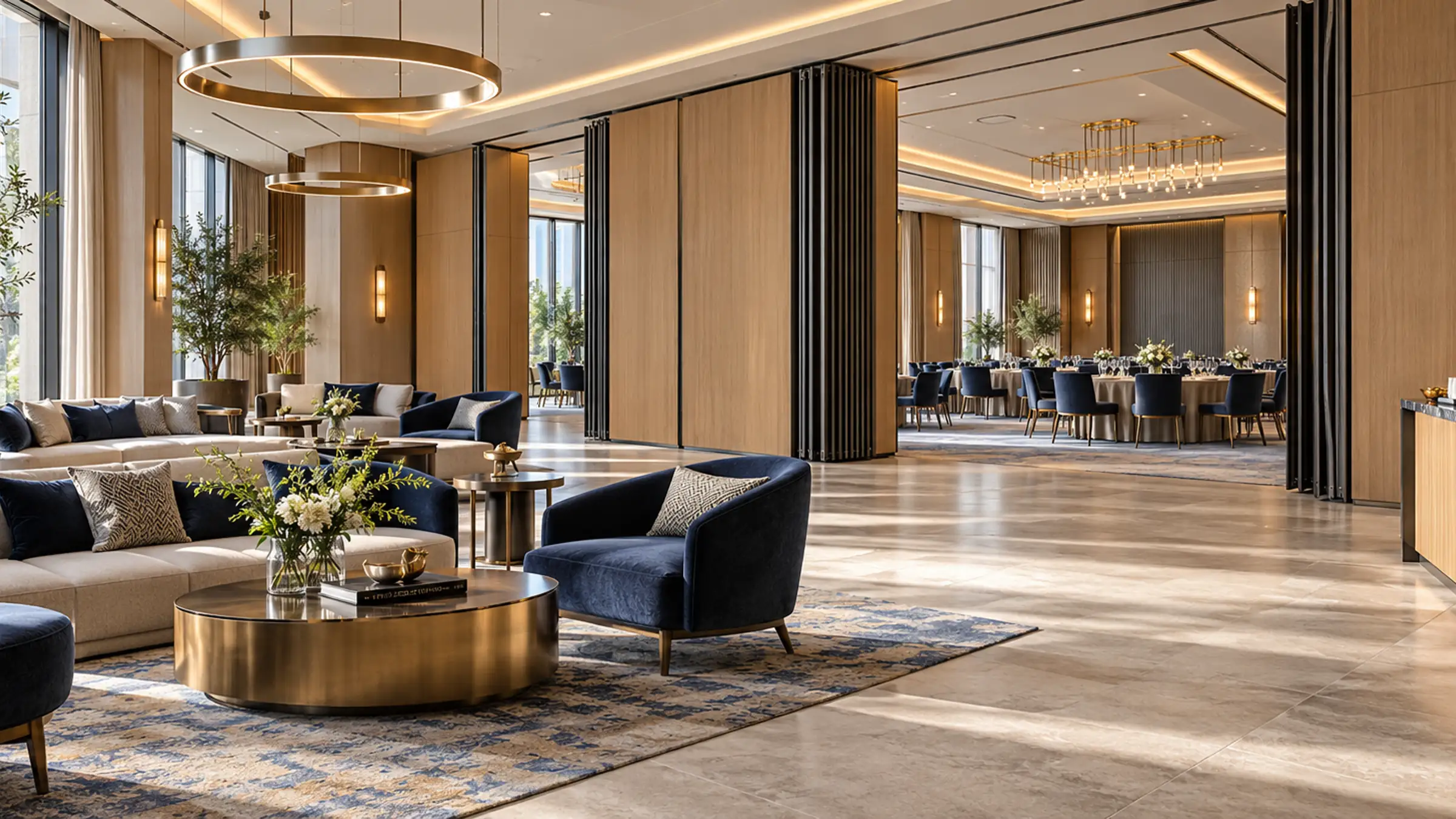 A hotel lobby with low velvet sofas, brass lamps and tall windows onto the street