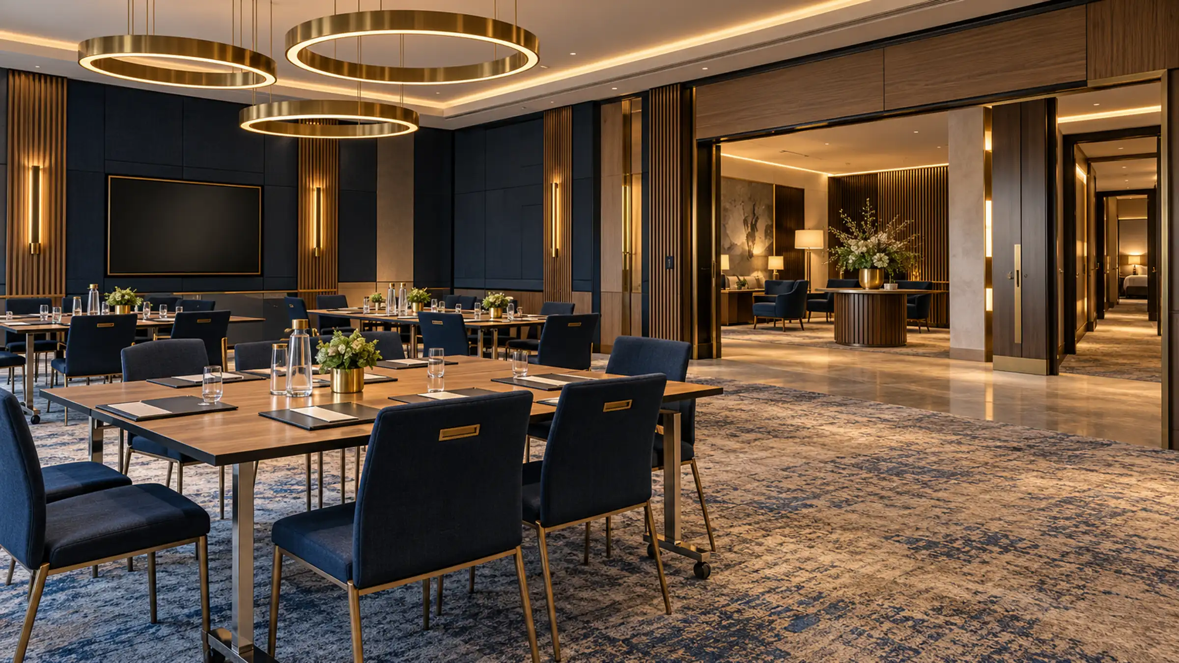 The hotel's dining lounge with navy chairs, long tables and ring lights overhead