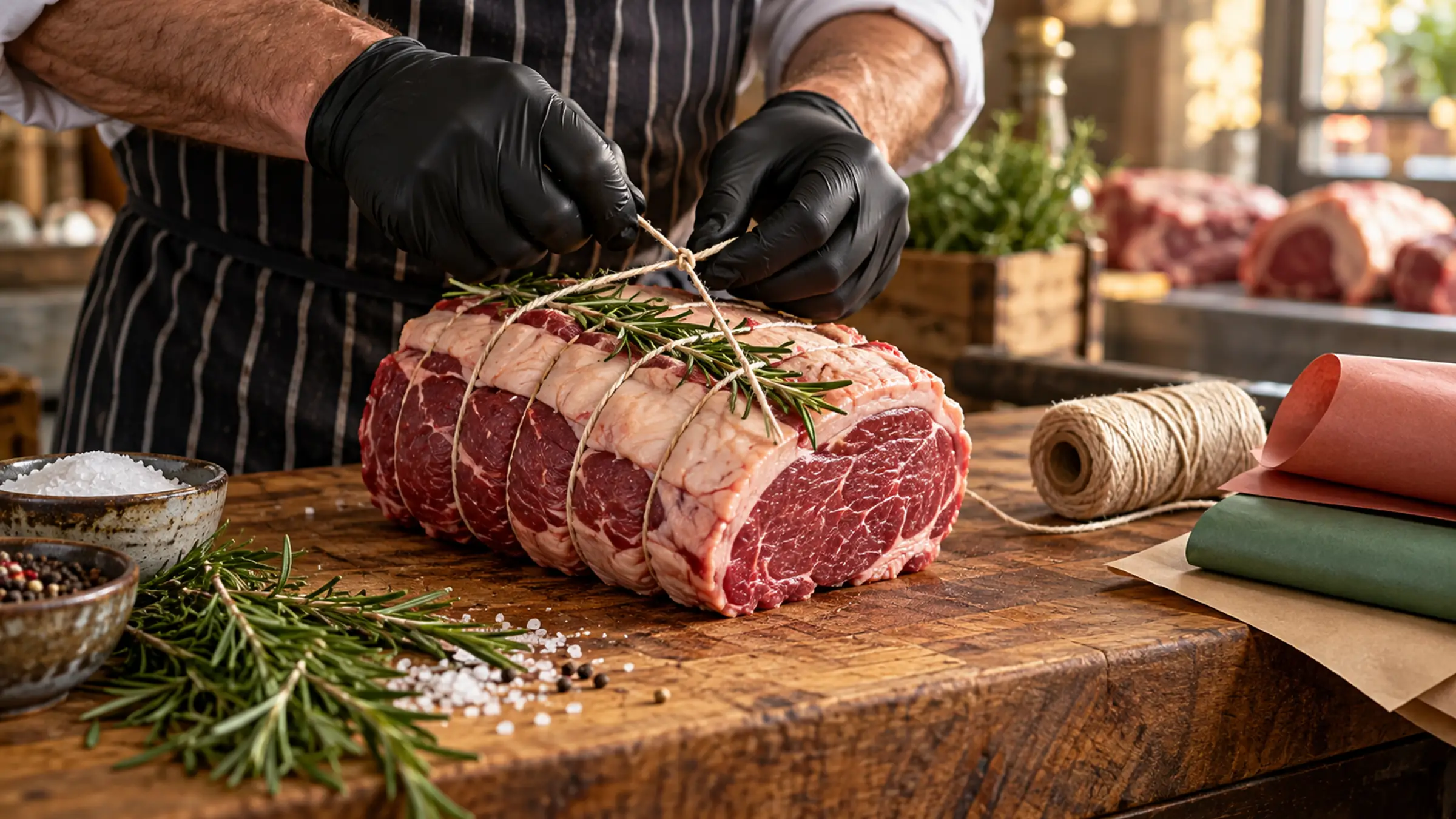Gloved hands tying a rolled rib of beef with string and rosemary, a spool of twine and butcher's paper beside it