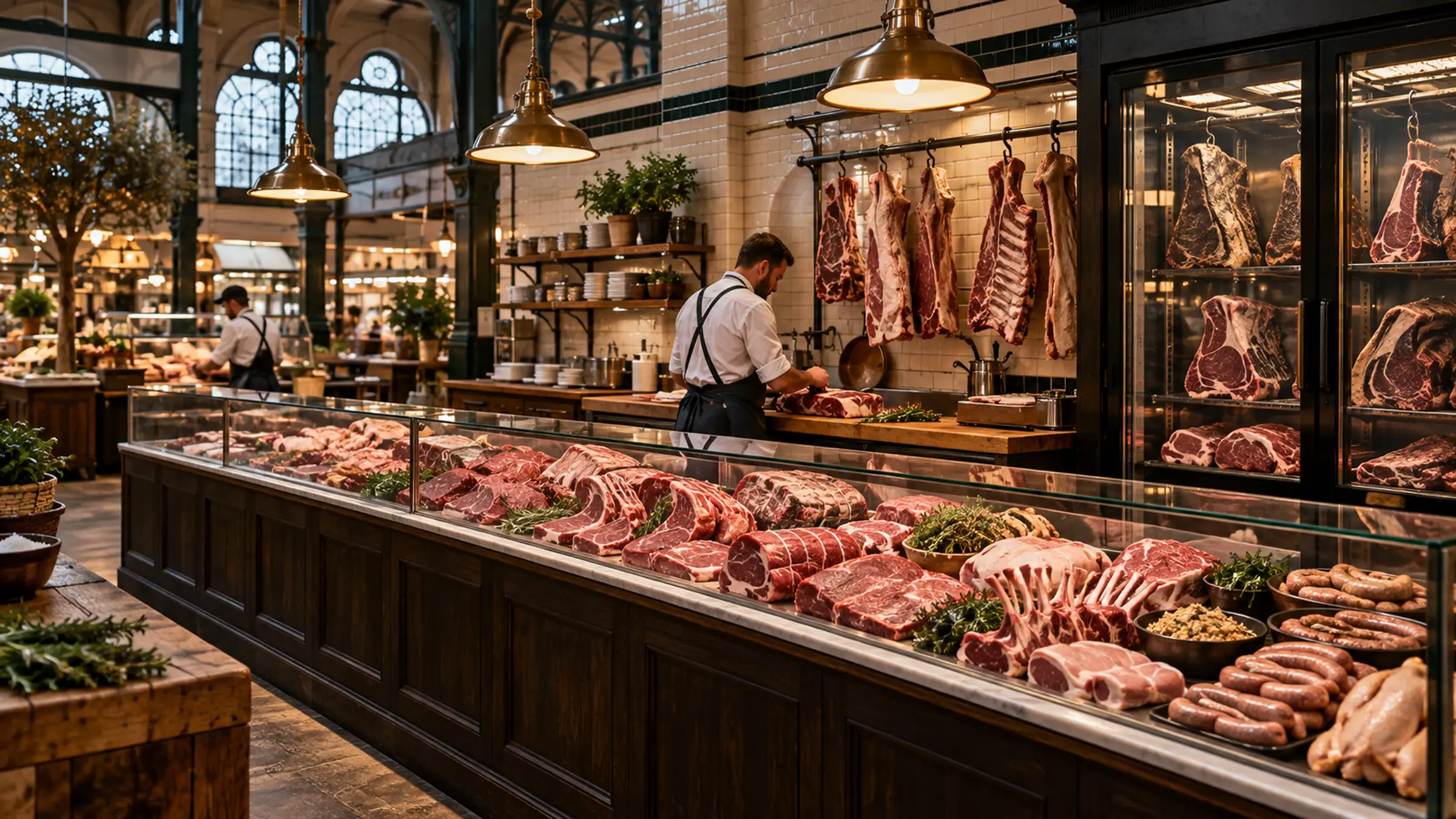 A long butcher's counter of cuts under brass lamps in a market hall, a dry-ageing cabinet and the butcher behind