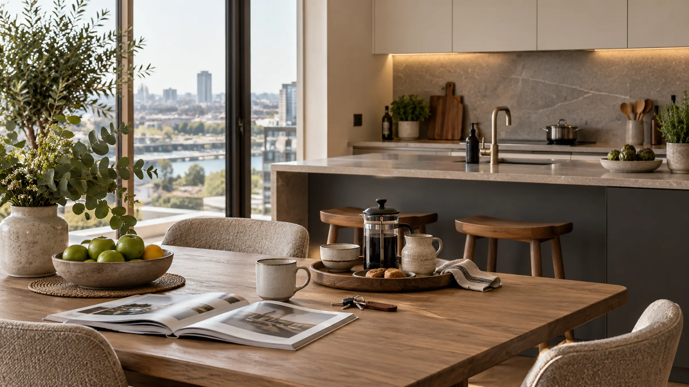 A kitchen table with keys, coffee and a bowl of apples, an island kitchen behind and the river through the window