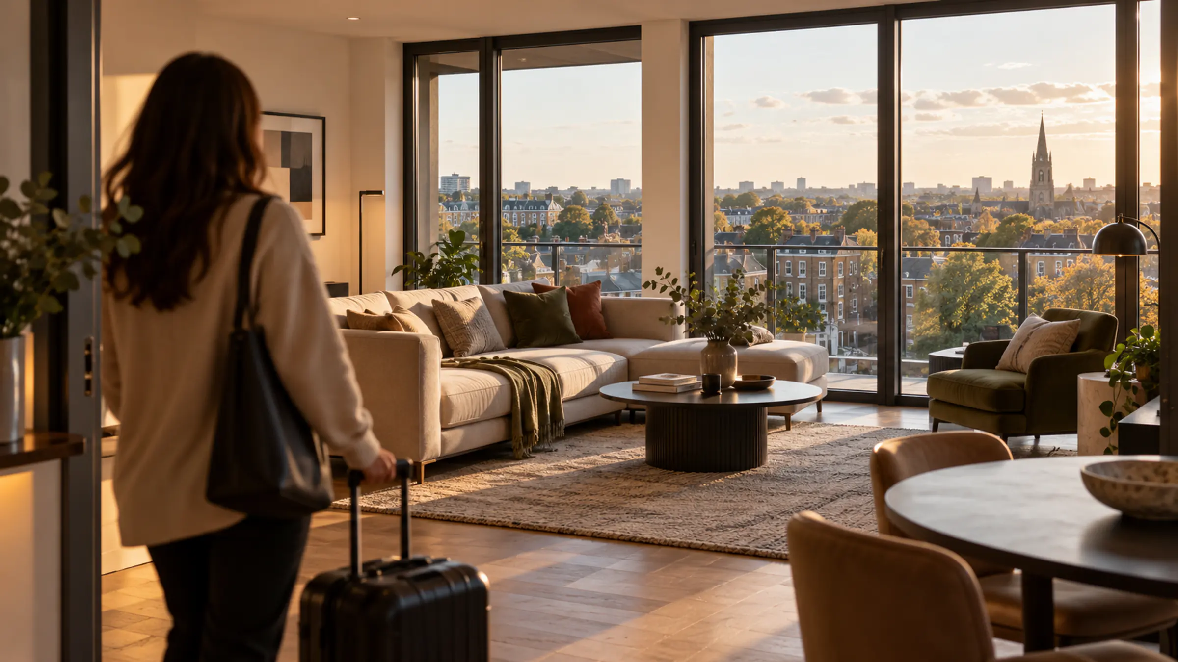 A guest wheeling a suitcase into a bright apartment with a sofa and tall windows over the rooftops