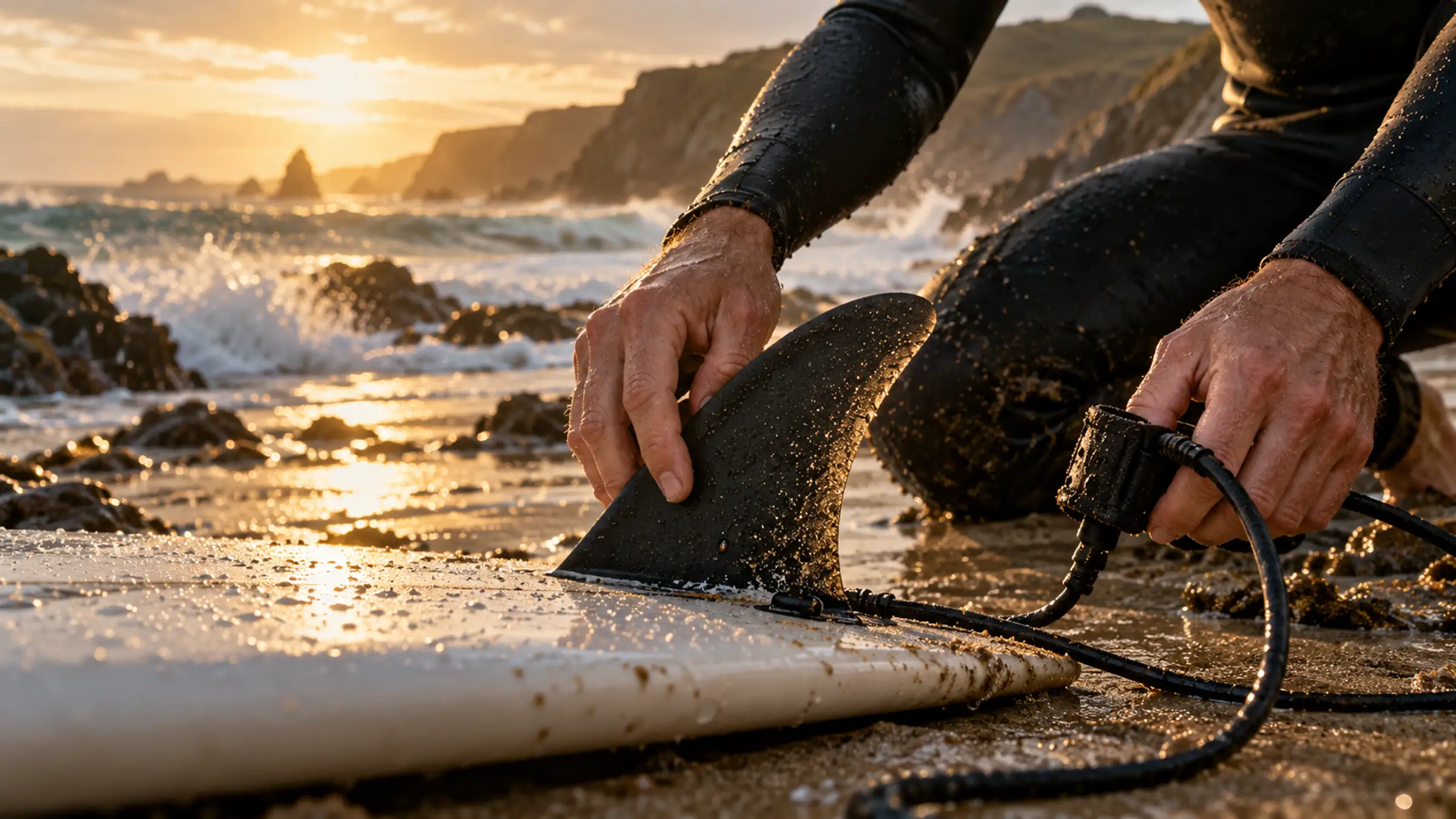 Hands waxing a surfboard on the rocks above the beach, a wave breaking behind in low sun