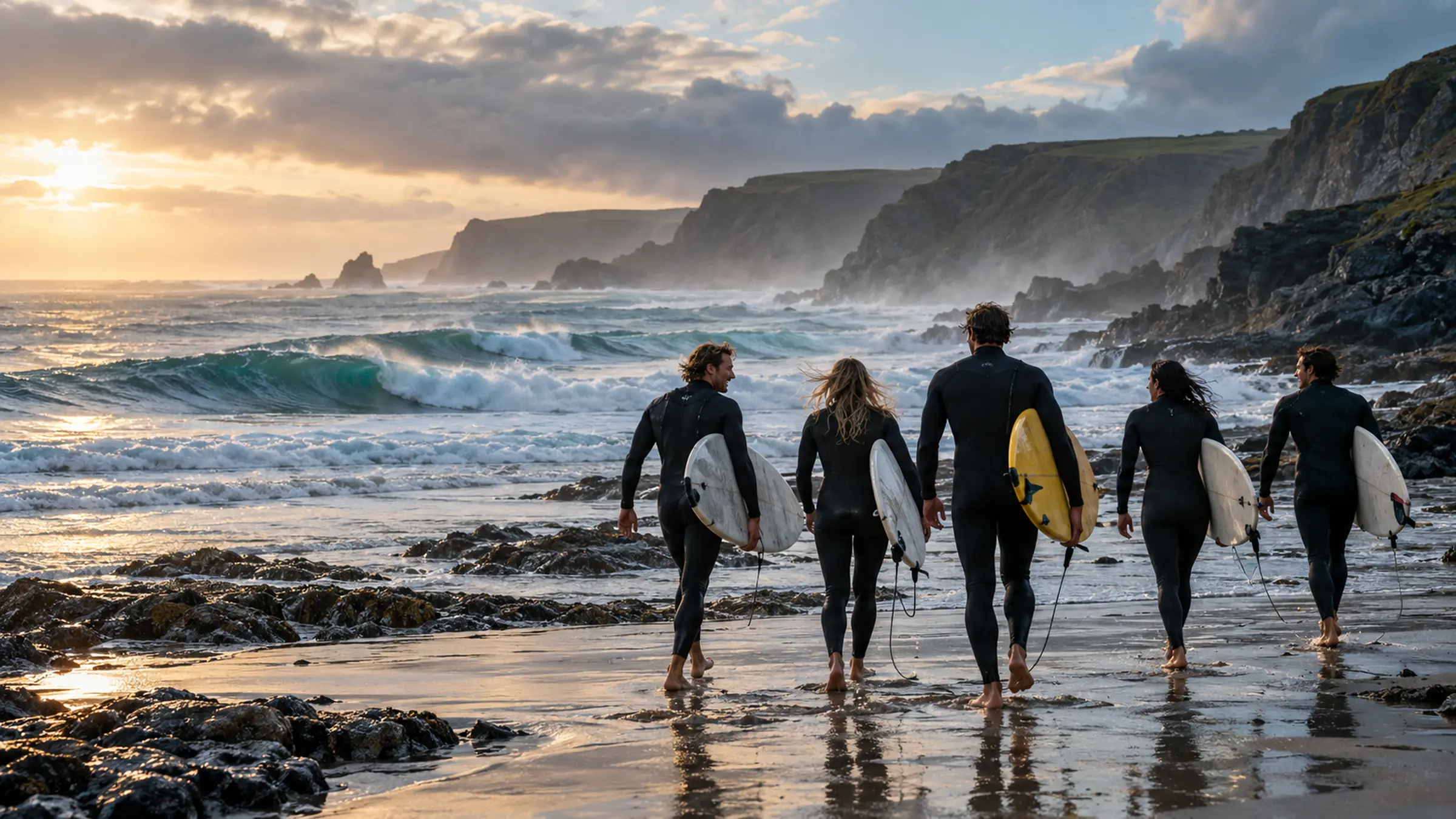 A small group in wetsuits carrying surfboards across wet sand towards Atlantic waves at dawn, cliffs behind