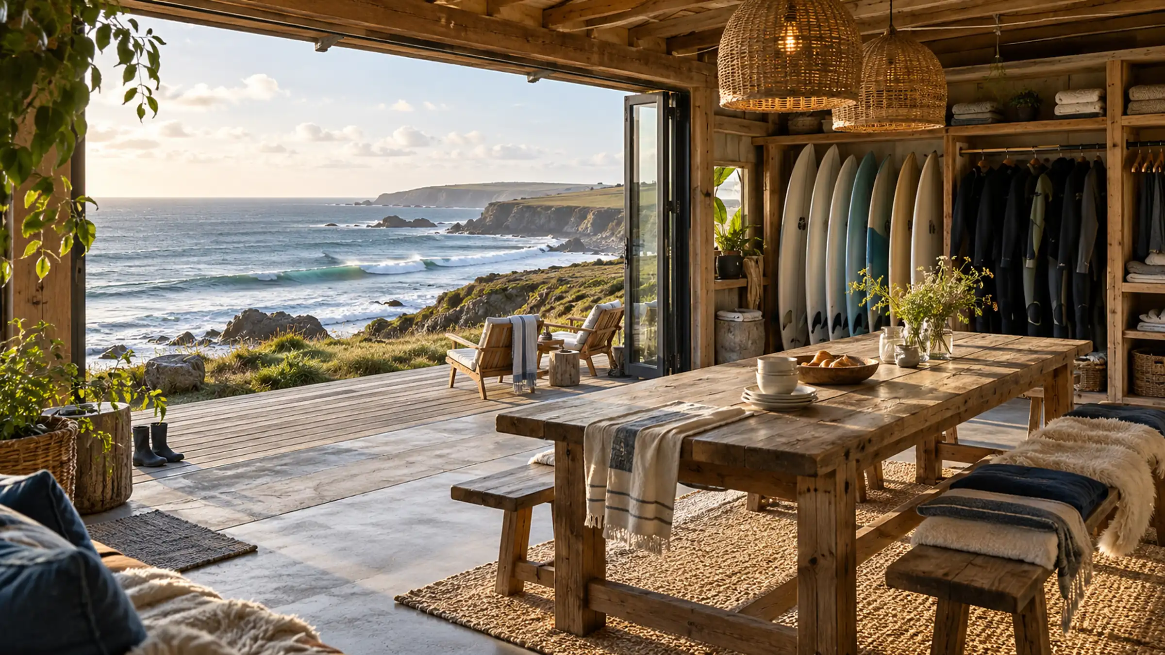 The camp house open to the sea: a long wooden table, boards in a rack and wetsuits drying by the doors