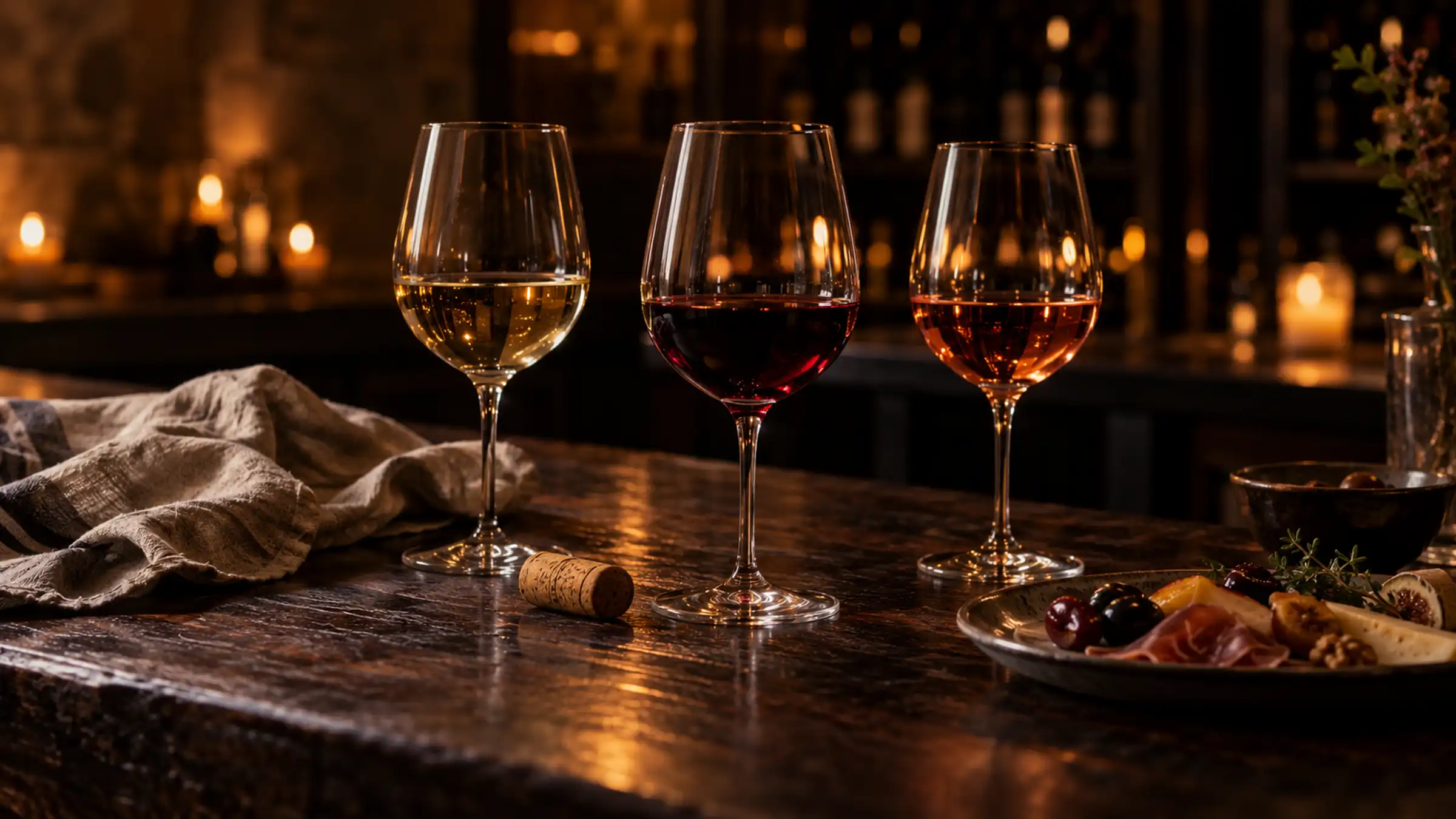 A white, a red and a rosé in three glasses on a dark counter, candles and a small plate beside them