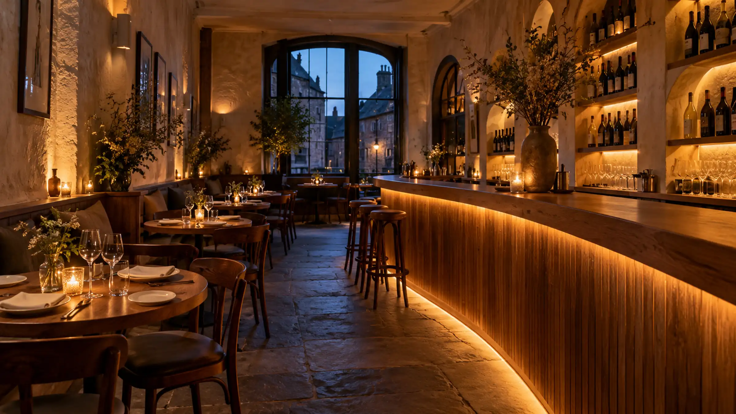 A candlelit wine bar with a curved lit counter, bottle shelves in arched niches and a tall arched window
