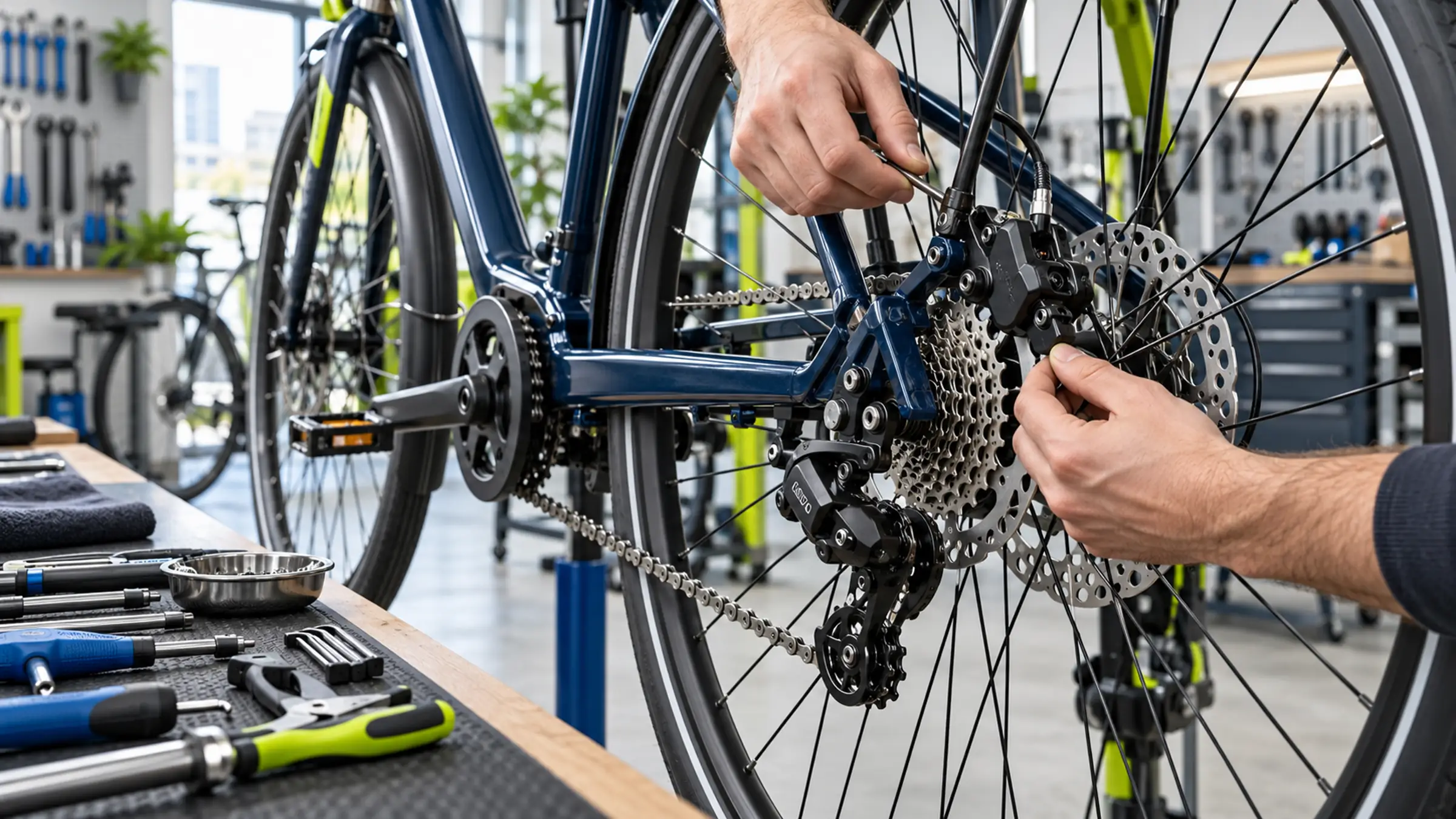 Hands adjusting the rear derailleur and disc brake of a blue bike, tools laid out on the bench