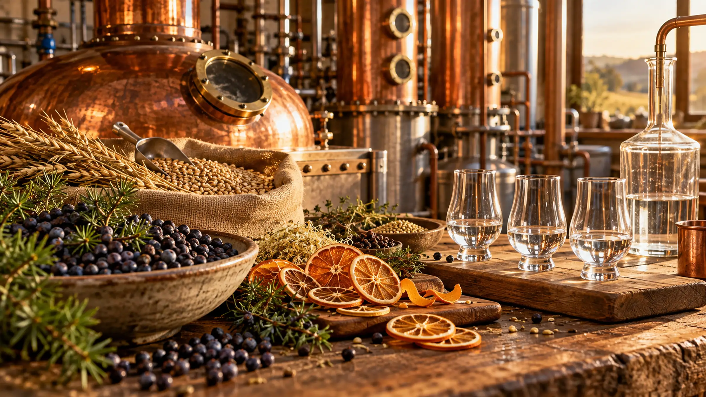 Juniper, dried citrus peel and grain in bowls on an oak bench, with tasting glasses and a small copper still behind