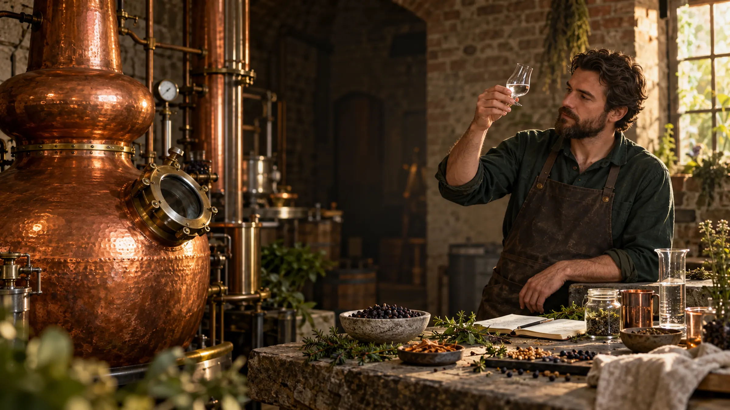 A distiller holding a glass of clear spirit up to the light beside a polished copper pot still