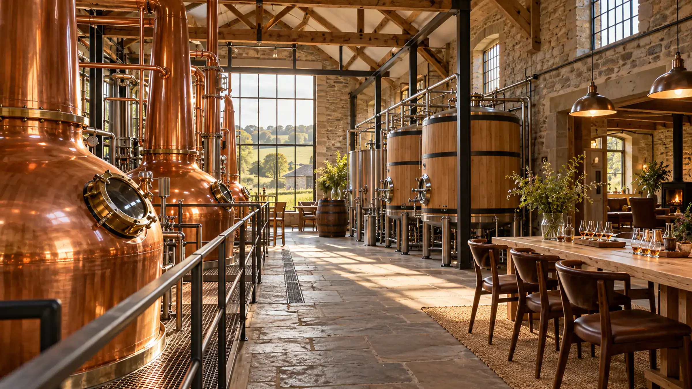 The still house: two copper stills, casks along the brick wall and a long tasting table under the windows
