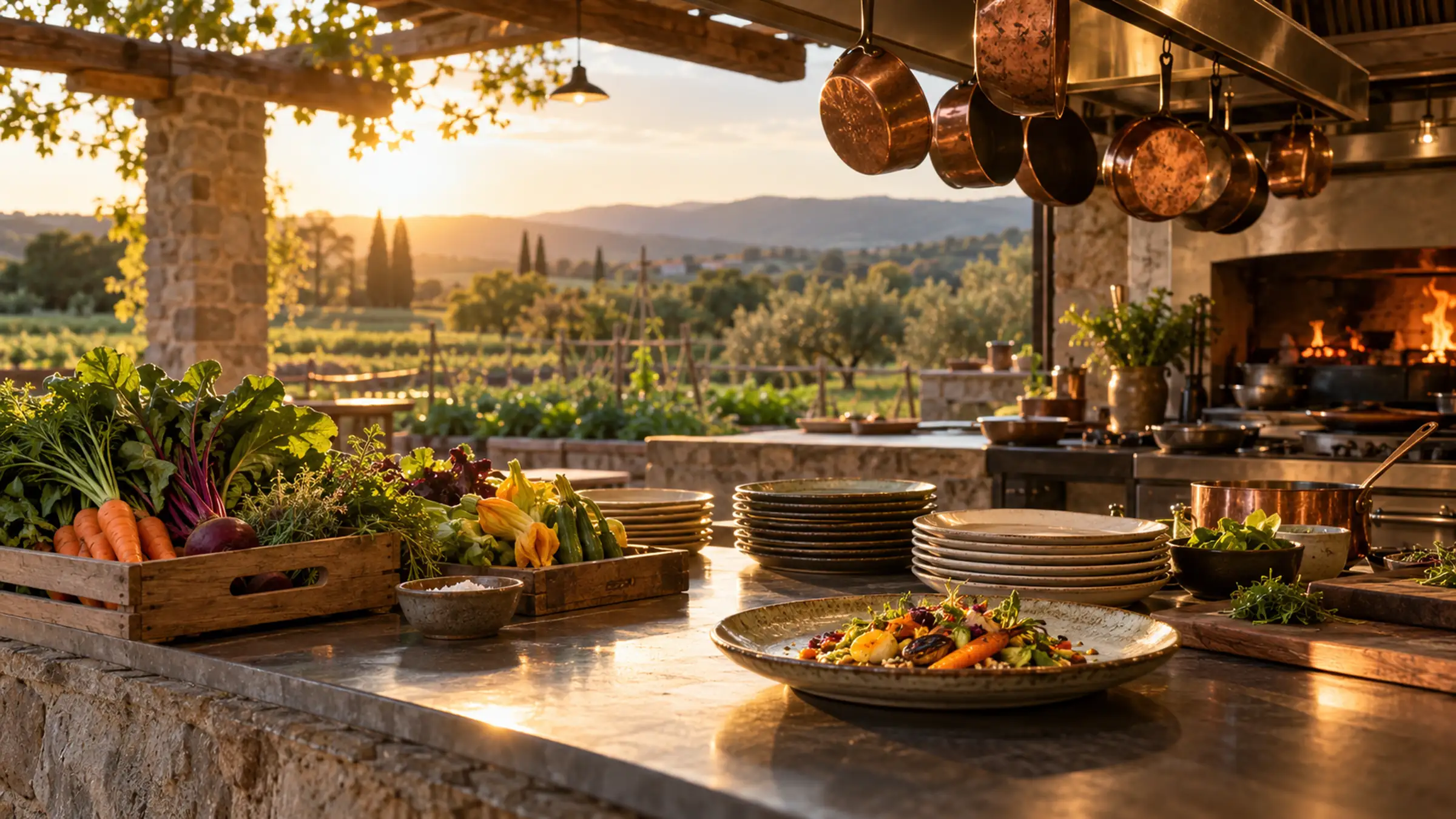 A stone kitchen counter at sunset with a plated dish, crates of carrots and greens, copper pans overhead and the fire behind
