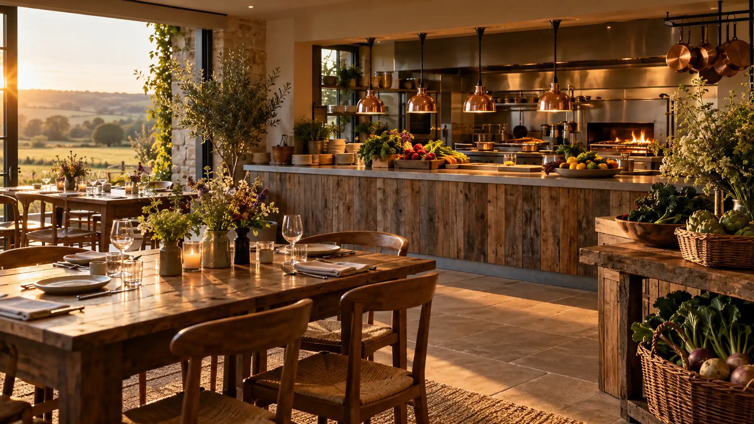 A long timber dining room with an open kitchen at the far end, copper lamps and the fields through the window