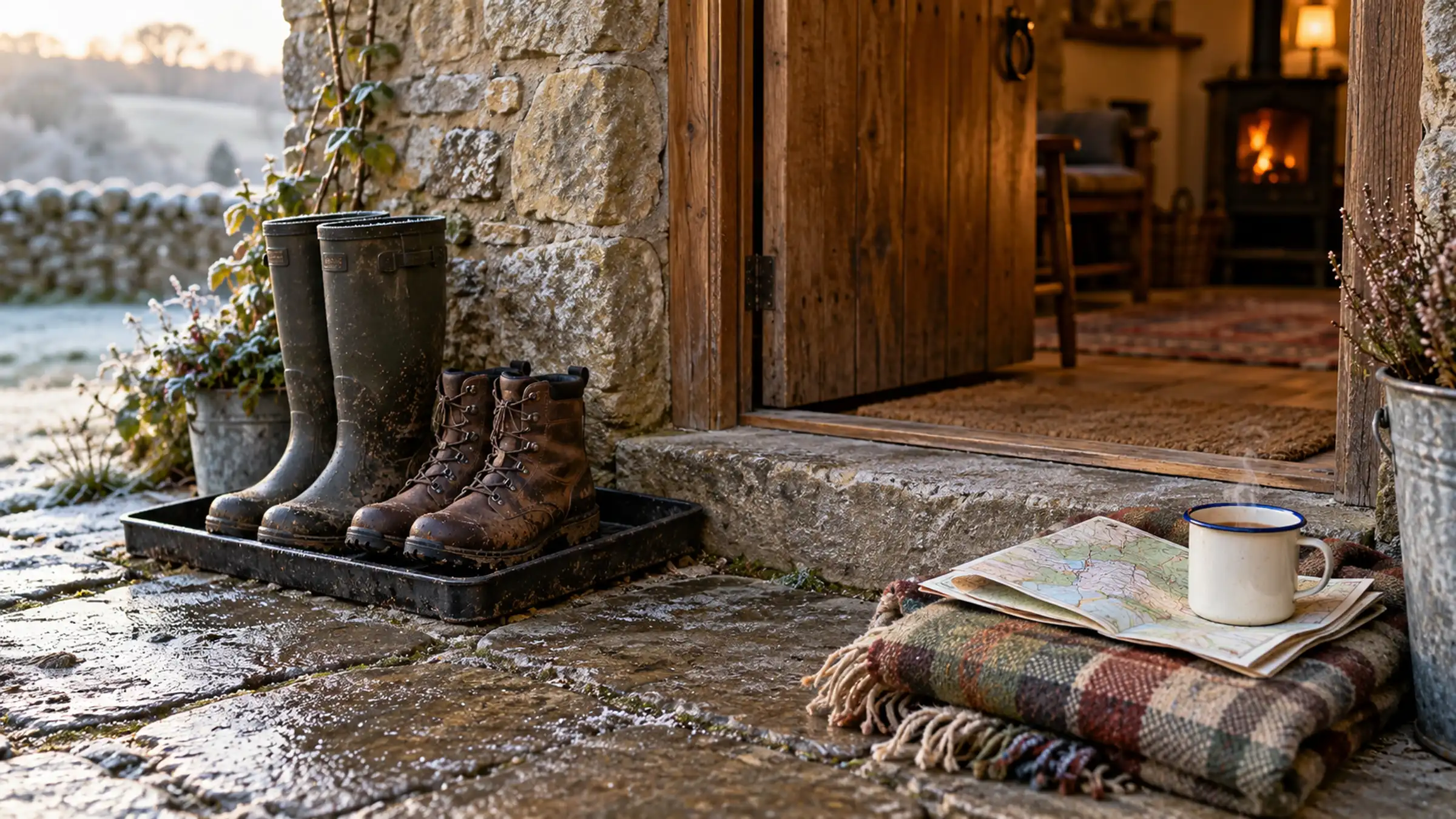 Muddy wellington boots on a stone step beside a folded wool blanket and a mug
