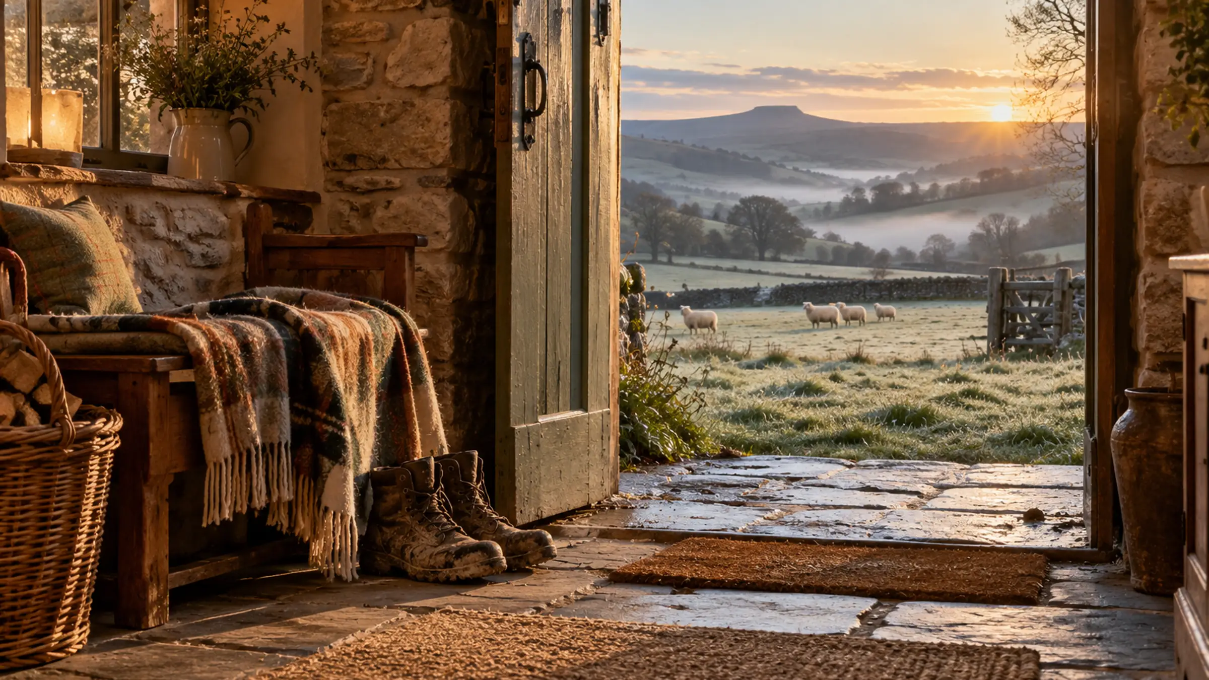 An open farmhouse door at sunrise, a rug and a chair inside and frosted fields and hills beyond