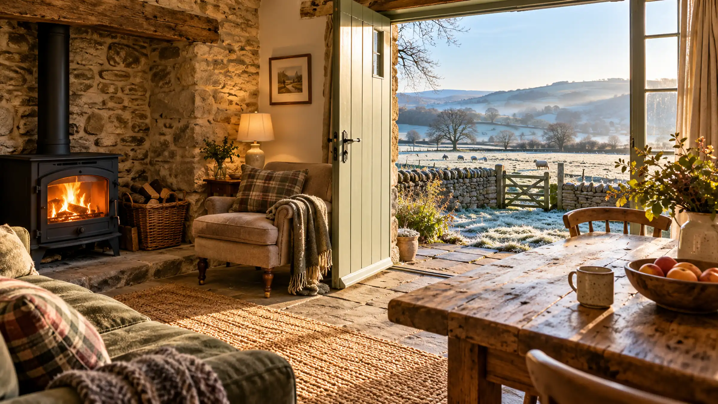 A cottage sitting room with a lit wood stove, a tartan armchair and a window over the fields