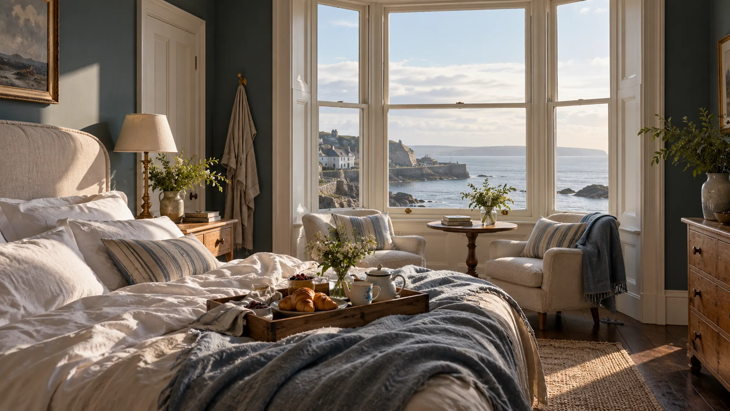 A bedroom with a breakfast tray on the bed and tall windows over the sea and the harbour cottages