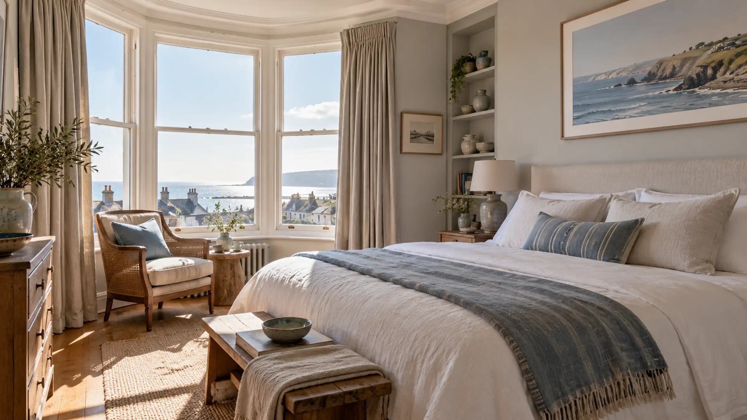 A pale bedroom with a bay window over the rooftops and the sea, a cane chair and a painting of the cliffs