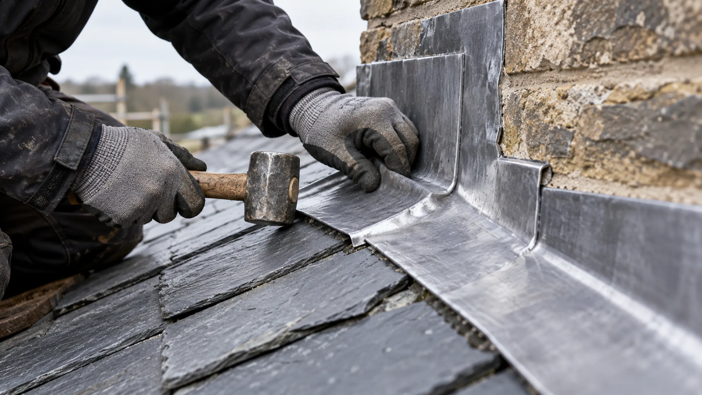 Gloved hands dressing new lead flashing against a stone chimney with a soft-faced mallet
