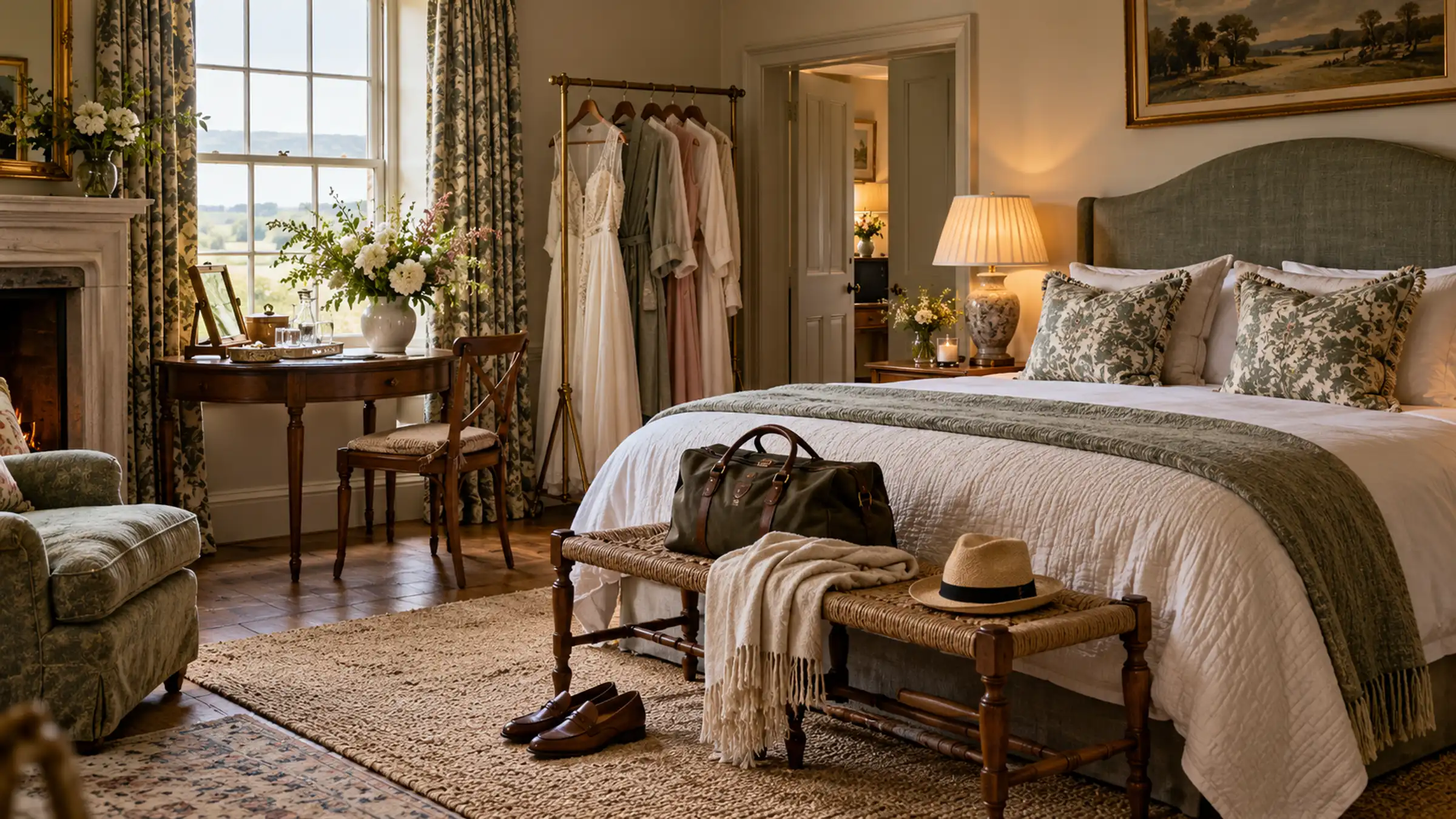 A bedroom with a bag and a straw hat on the bench at the foot of the bed, dresses on a rail and a fire in the grate