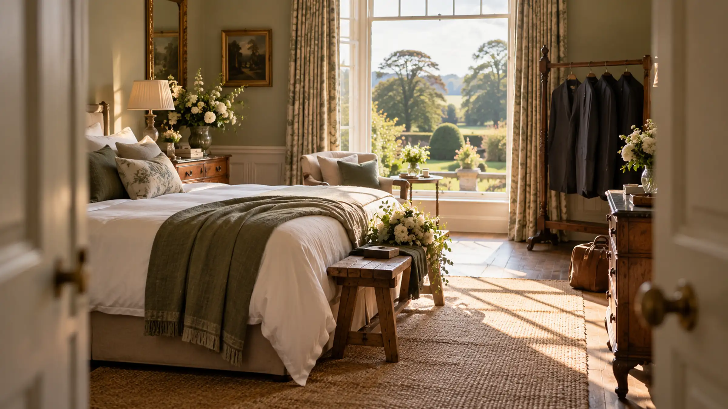 A country-house bedroom seen through an open door, a white bed with a green throw and a tall window onto parkland