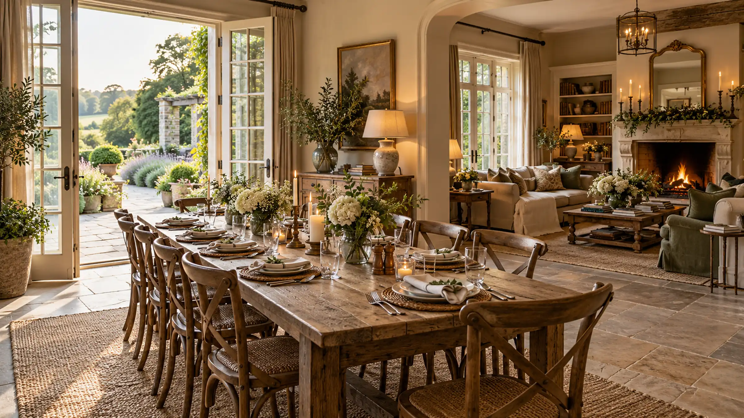 A long dining table laid for a party, doors open to the garden and a fire lit at the far end of the room
