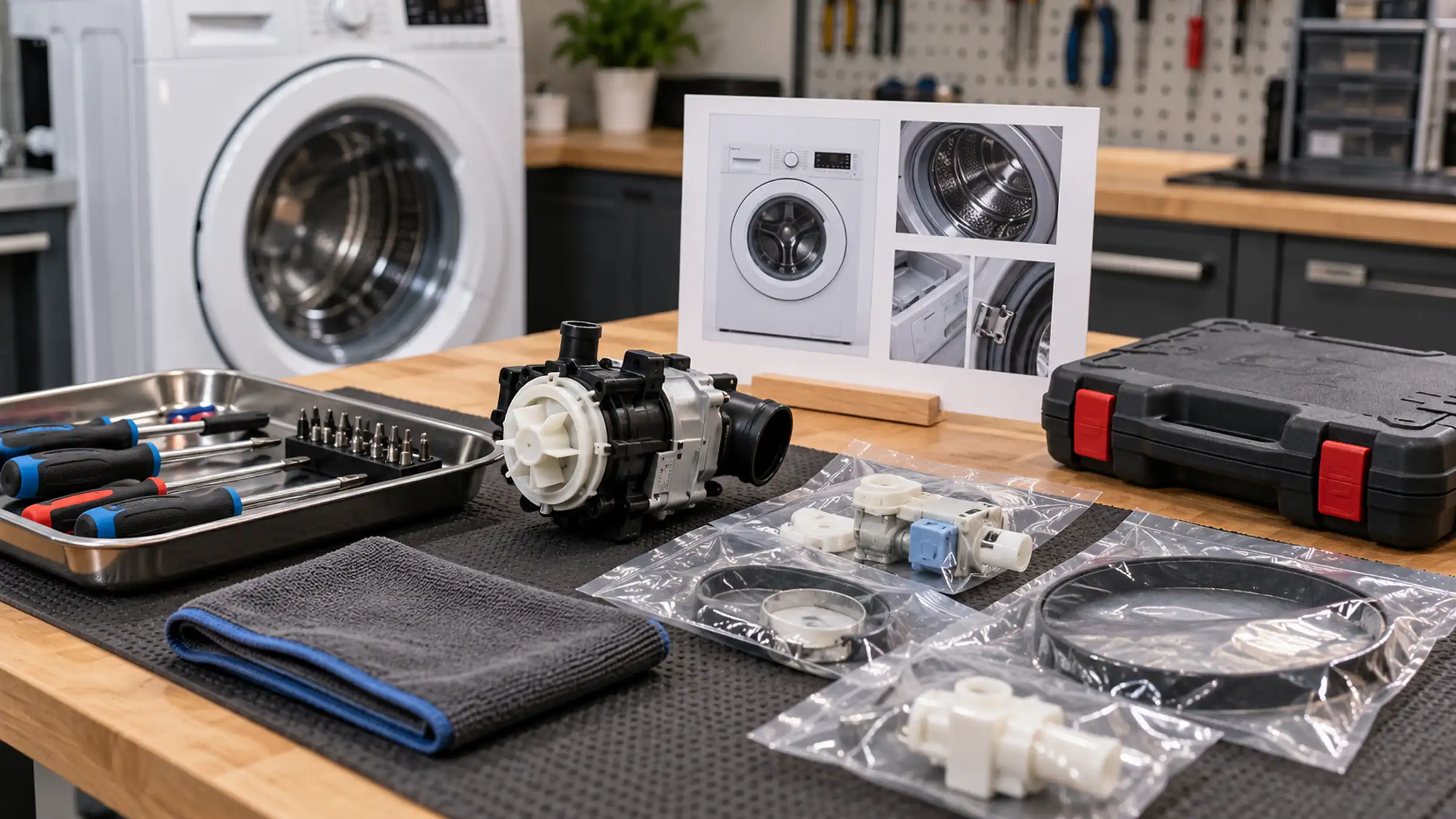 A drain pump, seals and hoses laid out in bags on a bench in front of a washing machine, with a parts diagram