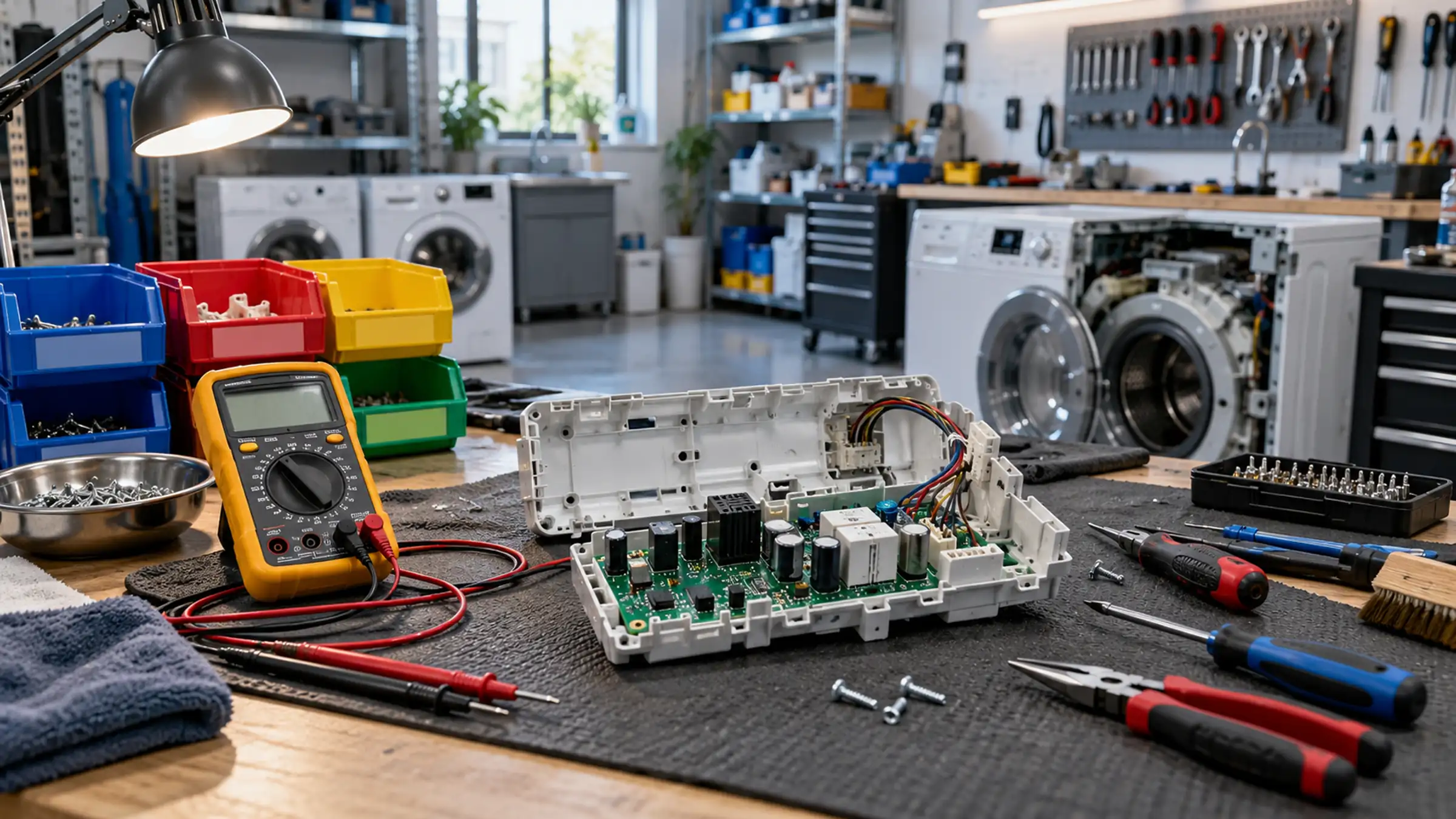 A repair bench with a washing-machine control board, a multimeter and screwdrivers on an anti-static mat, machines waiting behind