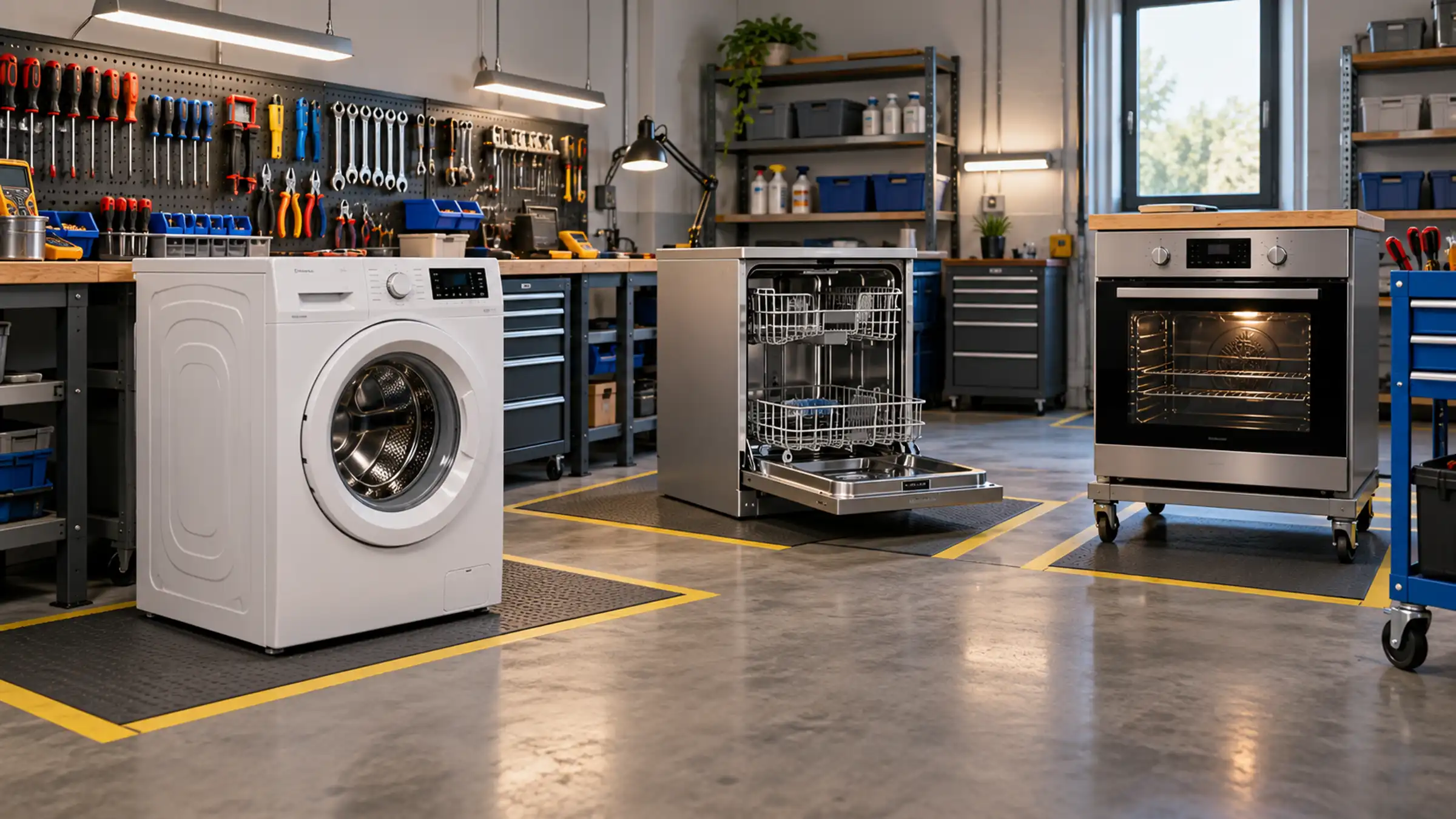 The workshop: a washing machine, a dishwasher and an oven in marked repair bays, tools on the wall behind