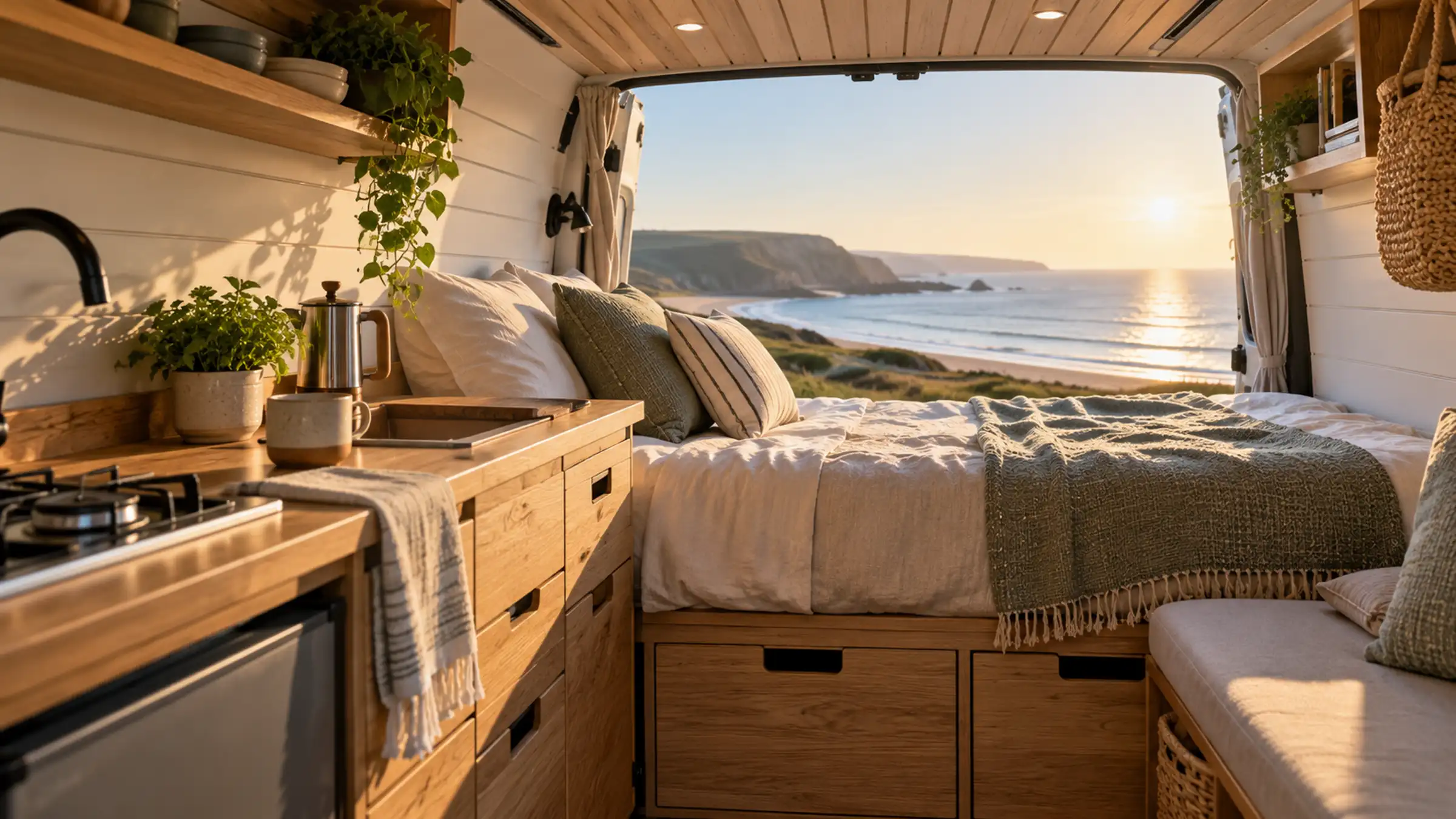 Inside a campervan: a made-up bed by the rear doors open to the sea, a small galley and wooden storage