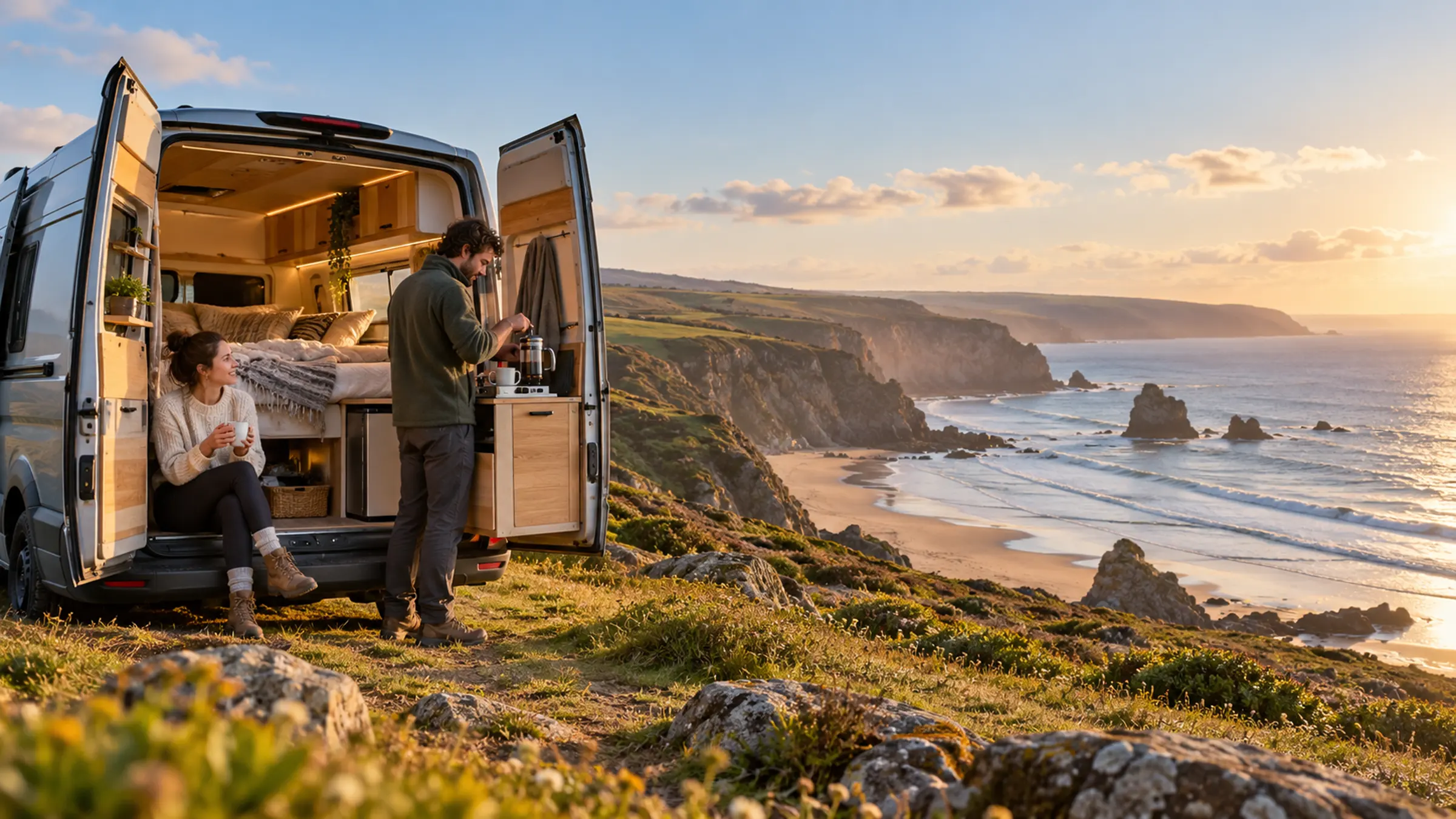 An unbranded campervan parked on a clifftop above a sandy cove at sunrise, its side door open and two people making coffee