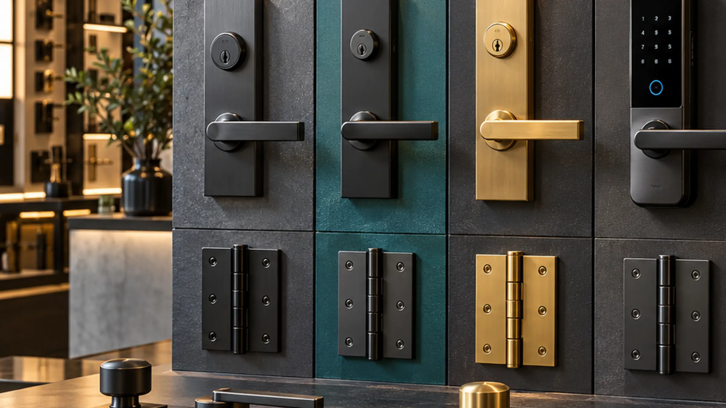 Door samples showing black, green, brass and smart locks with matching handles and hinges