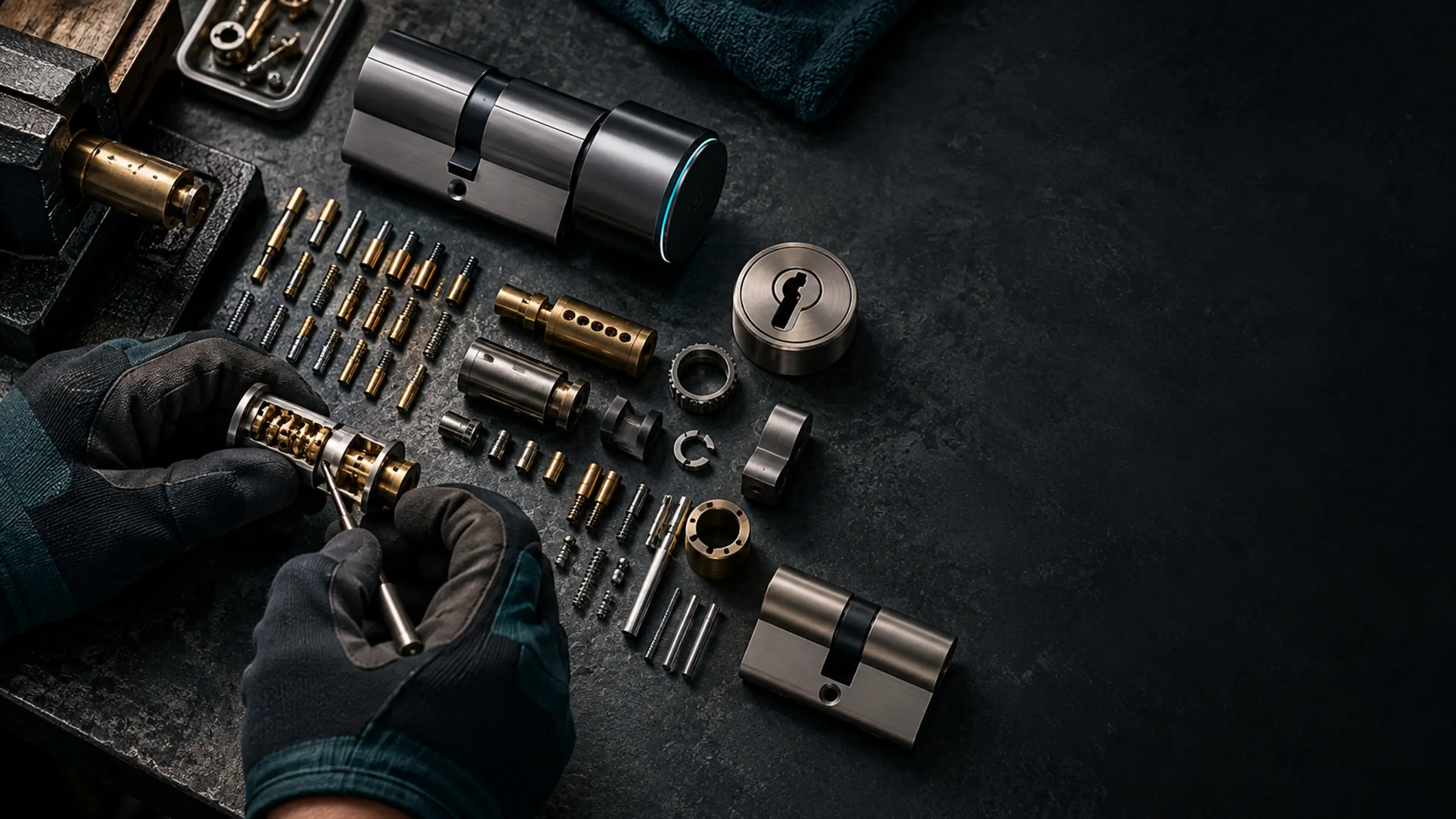 Gloved hands sorting lock pins beside euro cylinders and springs on a dark workbench