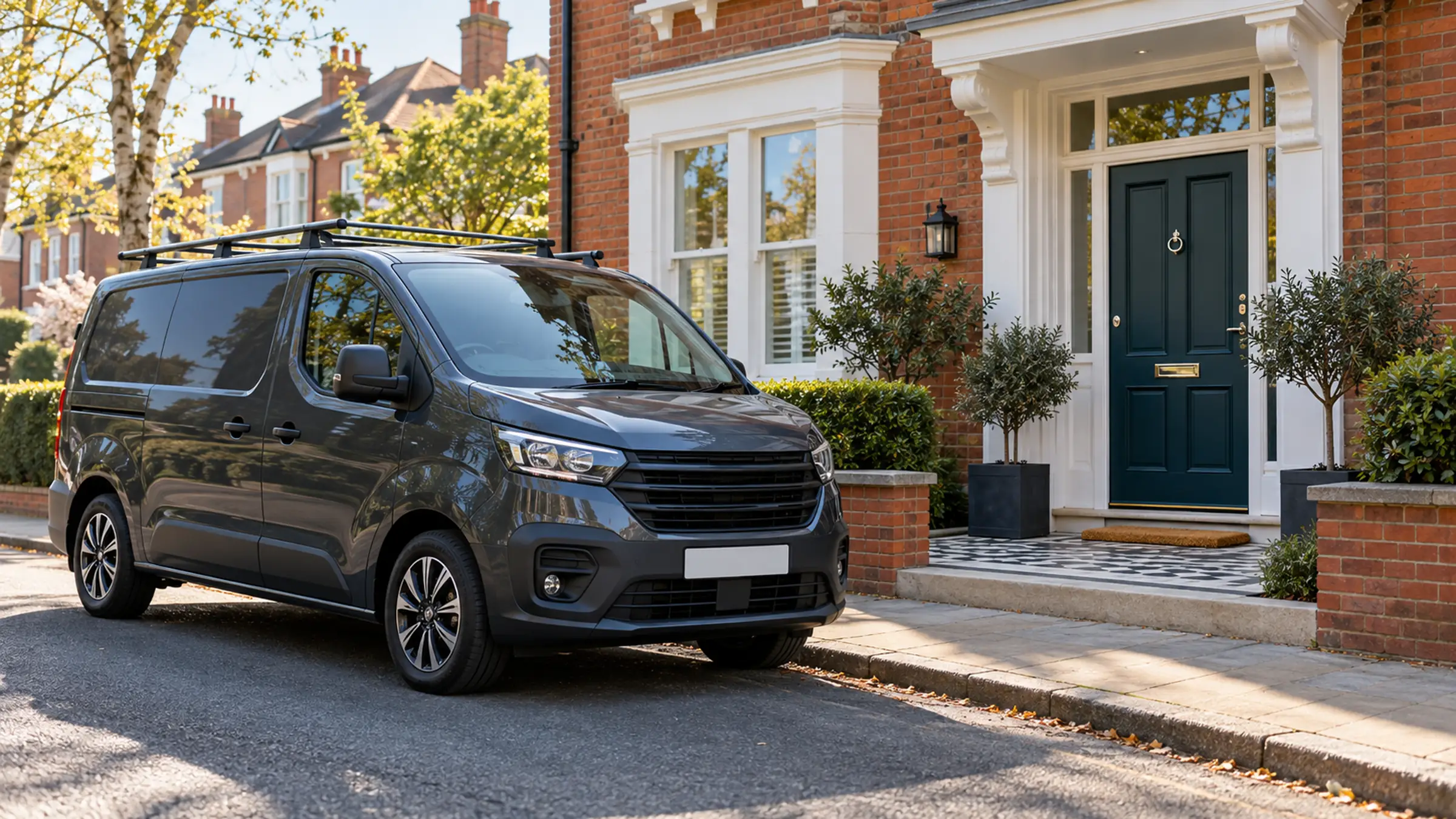 A grey van parked outside a red-brick house with a dark green front door