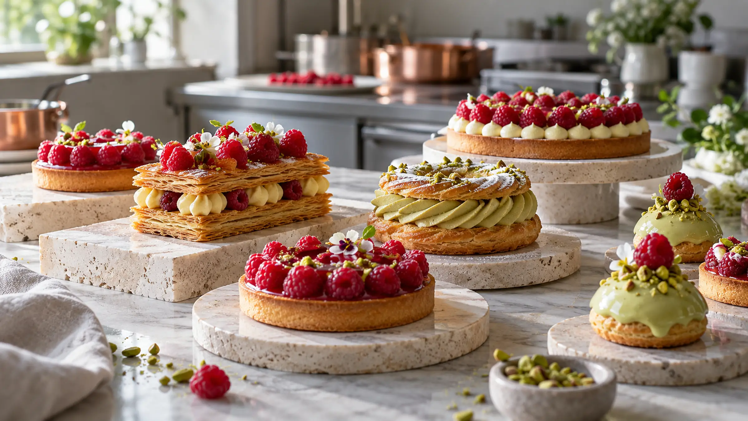 Raspberry tarts, a pistachio tart and mille-feuille on marble stands