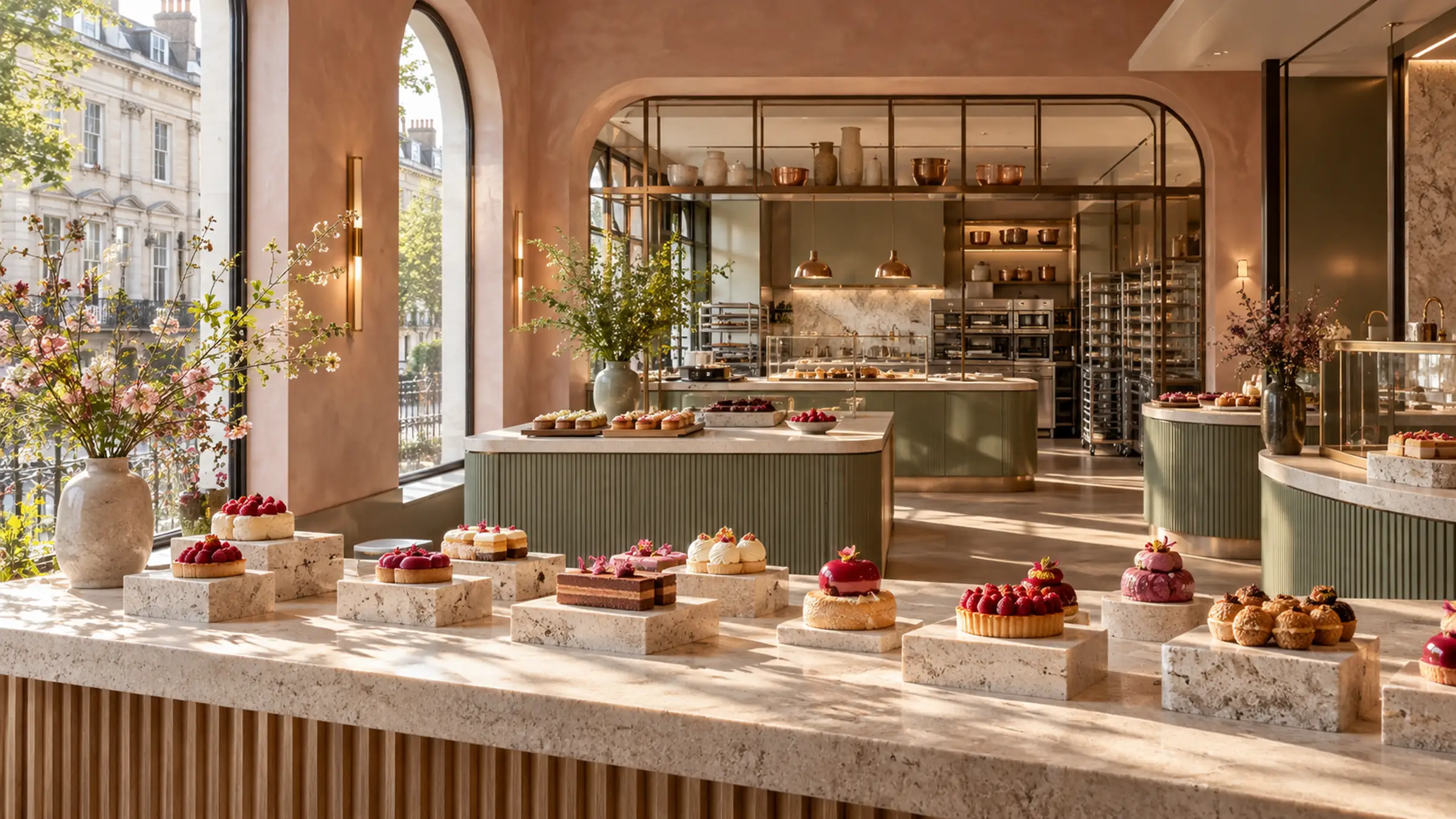 The patisserie: an arched window, a long counter of pastries on stone stands and green banquettes