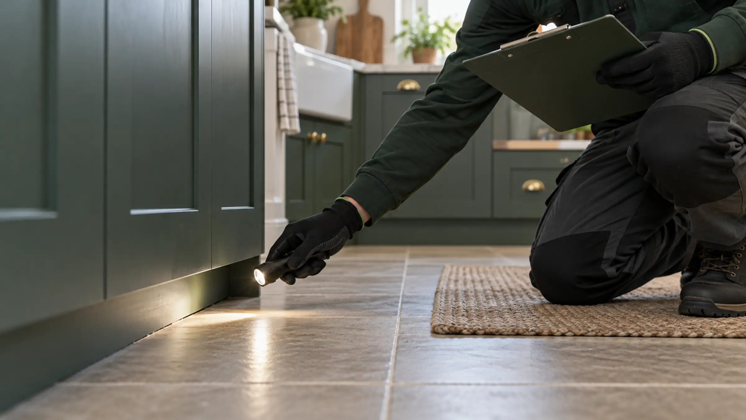 A gloved hand shining a torch along a gap at the foot of a kitchen cabinet, a clipboard held alongside