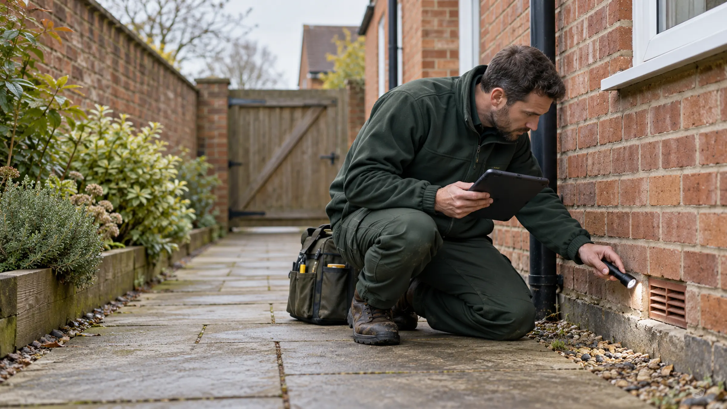 A technician kneeling at the side wall of a brick house, checking a gap at ground level beside the garden path